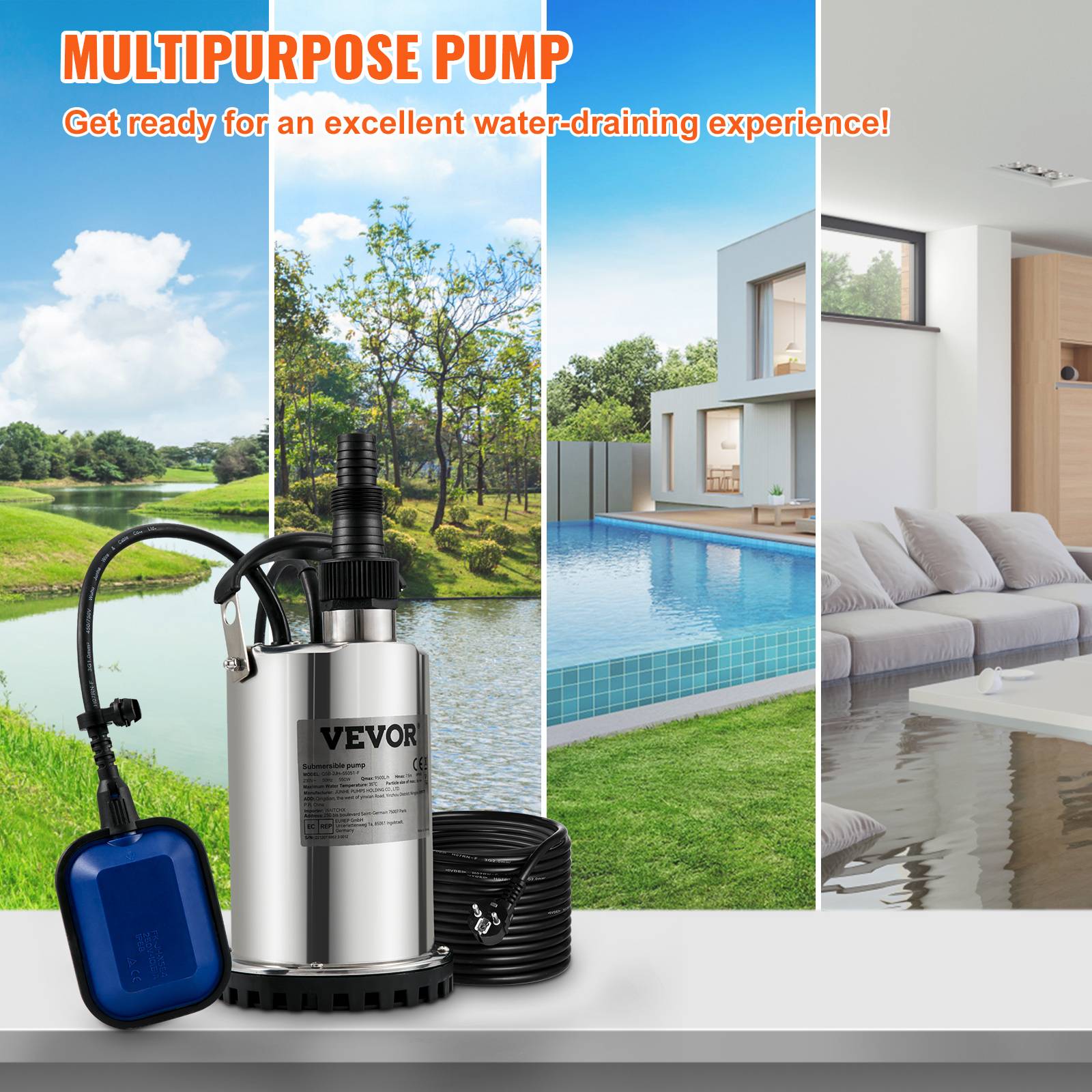 VEVOR Pompe relevage eaux chargées 550W, 158 L/min, immergée, pour piscine, cave, fosse septique. - Image 2