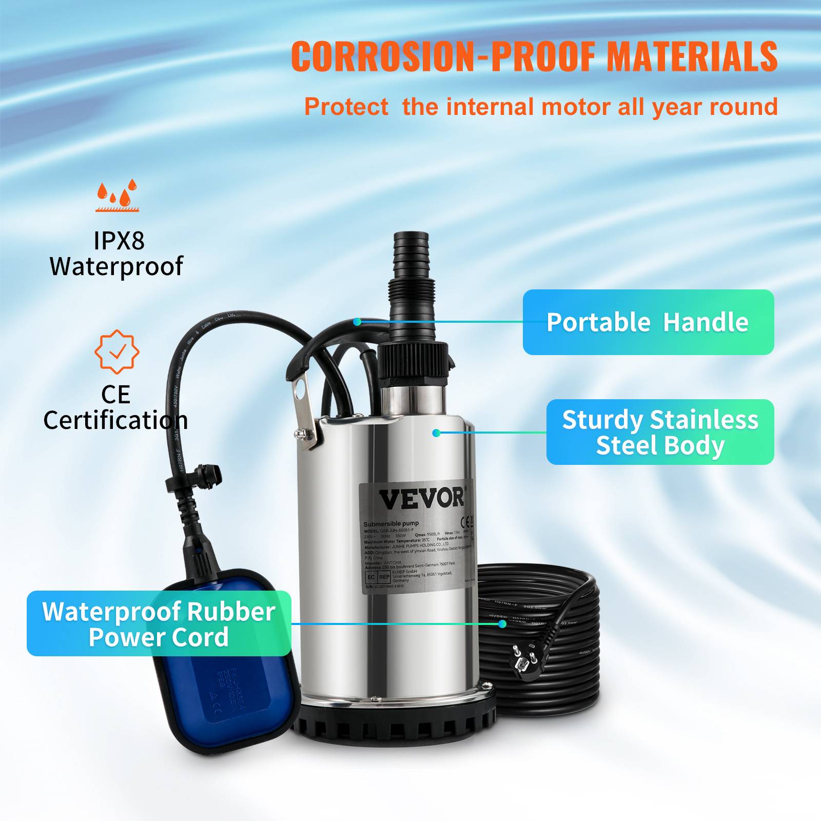 VEVOR Pompe relevage eaux chargées 550W, 158 L/min, immergée, pour piscine, cave, fosse septique. - Image 4