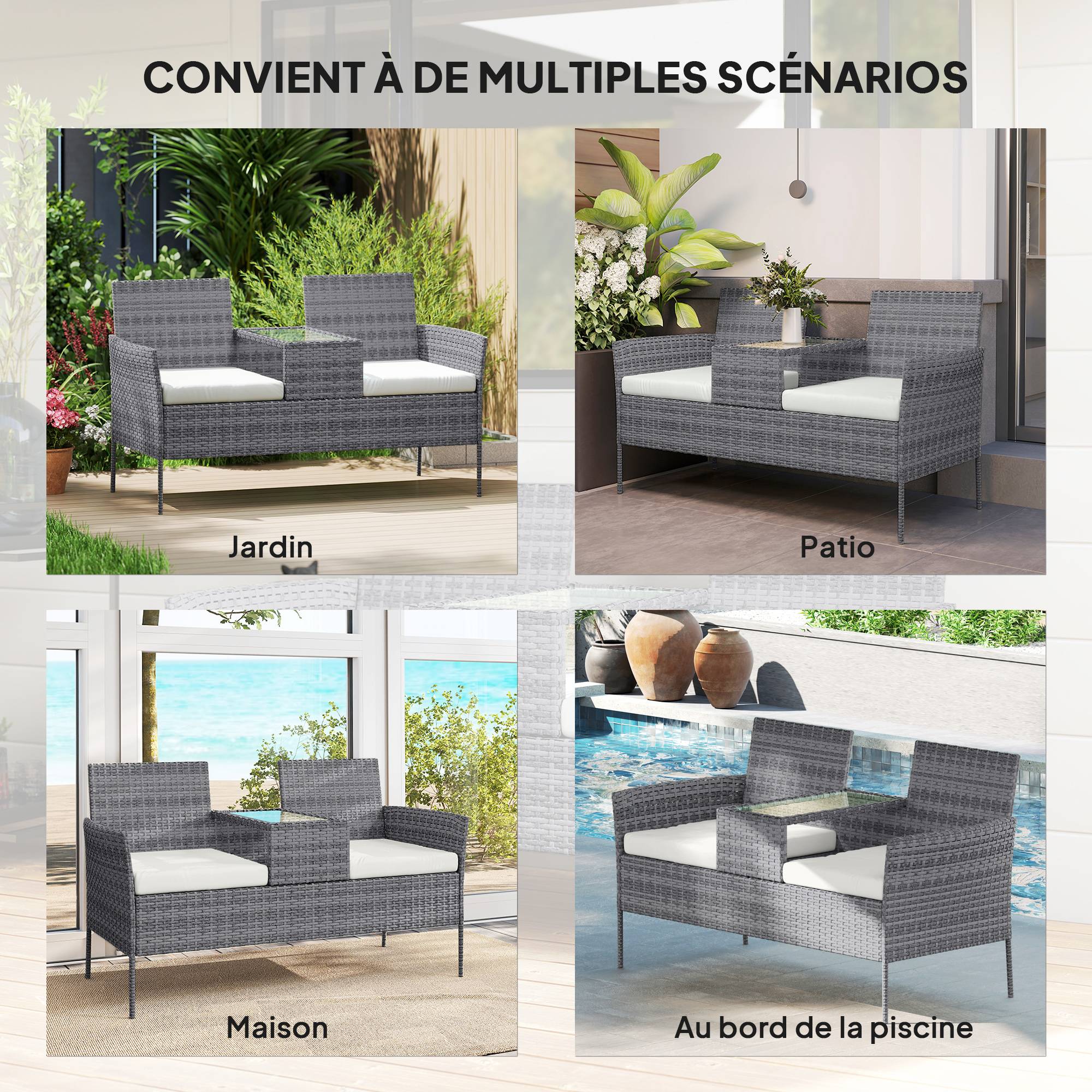 Banc de Jardin en résine tressée 2 Places avec Table et Coussins - 135 x 64 x 81 cm - pour Balcon et Terrasse Noir - Image 8