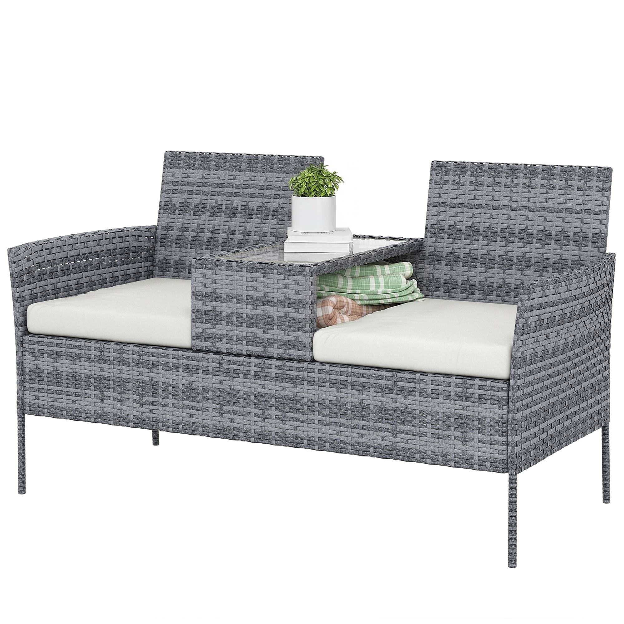 Banc de Jardin en résine tressée 2 Places avec Table et Coussins - 135 x 64 x 81 cm - pour Balcon et Terrasse Noir - Image 2