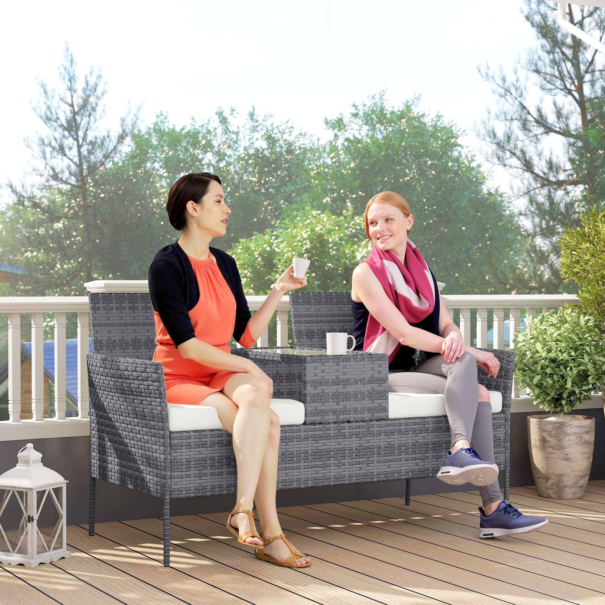 Banc de Jardin en résine tressée 2 Places avec Table et Coussins - 135 x 64 x 81 cm - pour Balcon et Terrasse Noir - Image 10