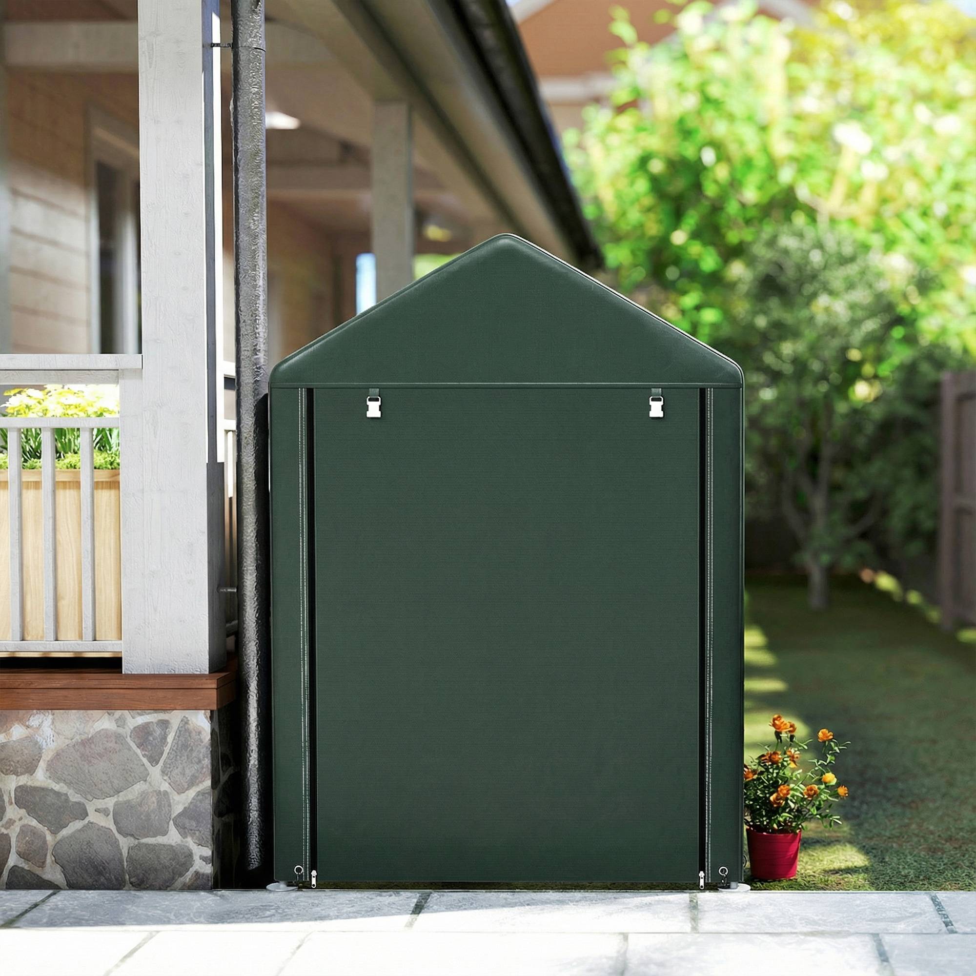 Abri de jardin pour vélos 1,2 x 1,8 x 1,65 m, 2 compartiments, porte zippée, imperméable, résistant aux UV, vert - Image 10