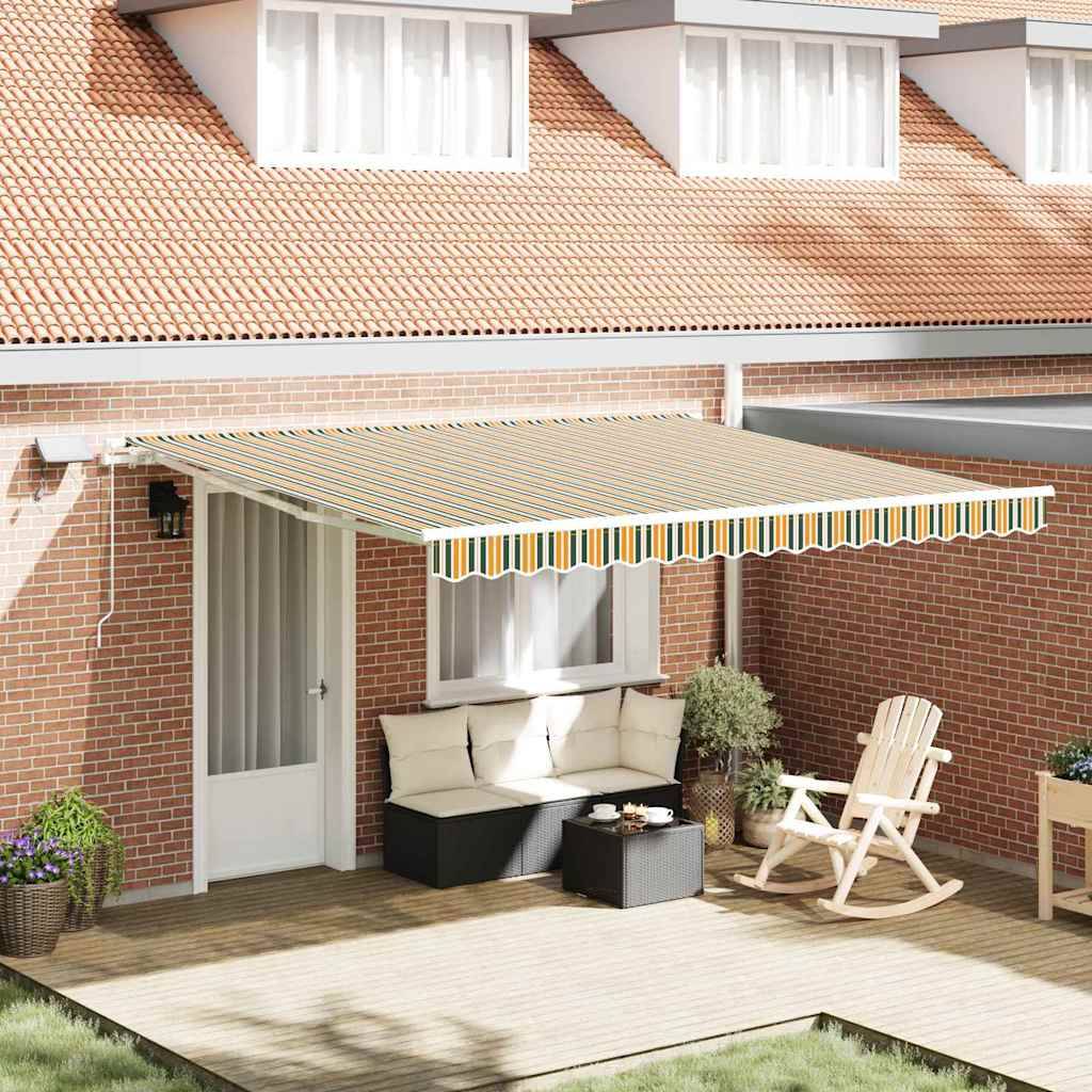 Auvent de Terrasse Manuel Tissu Acier avec Éclairage LED pour Soirées Vert et Jaune 400x300 cm – ComfortXL Outdoor Living - Image 1