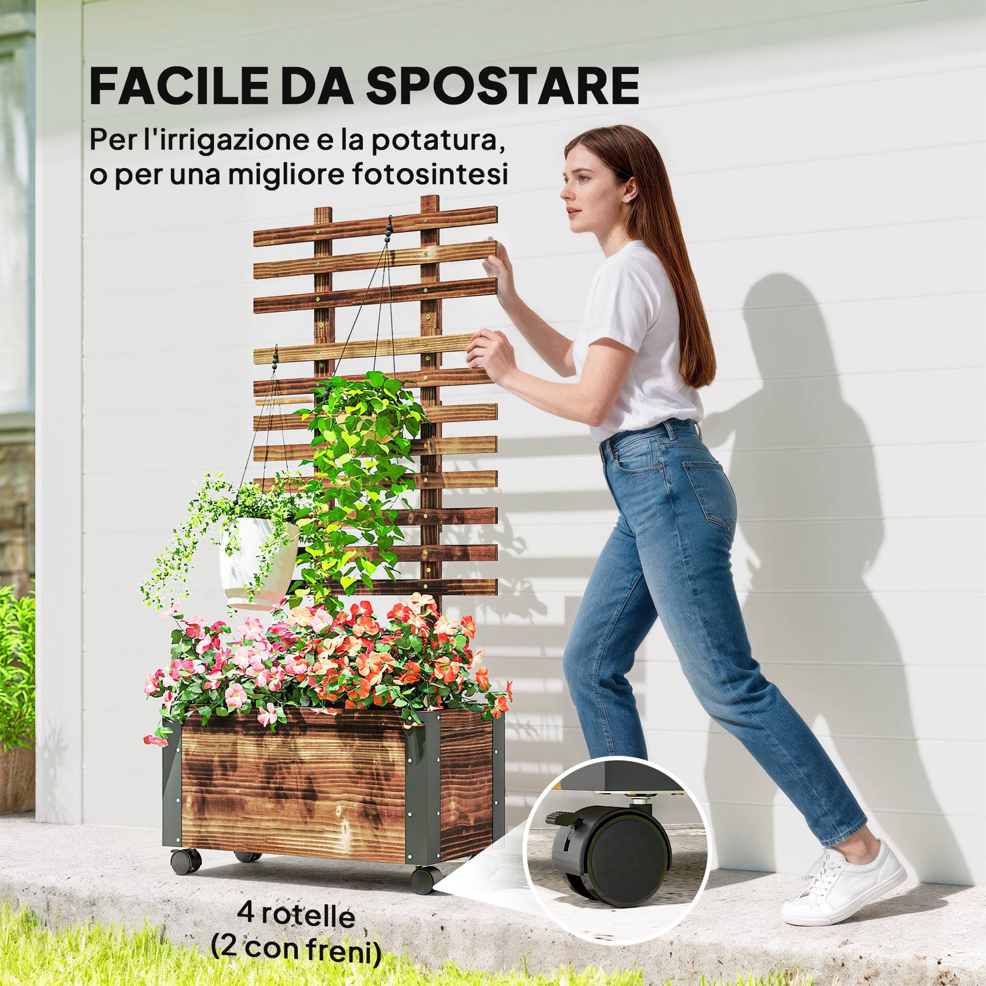 Jardinière bois sapin avec treillis plantes grimpantes sur roulettes 65x31x147cm - ComfortXL Outdoor Living - Image 7