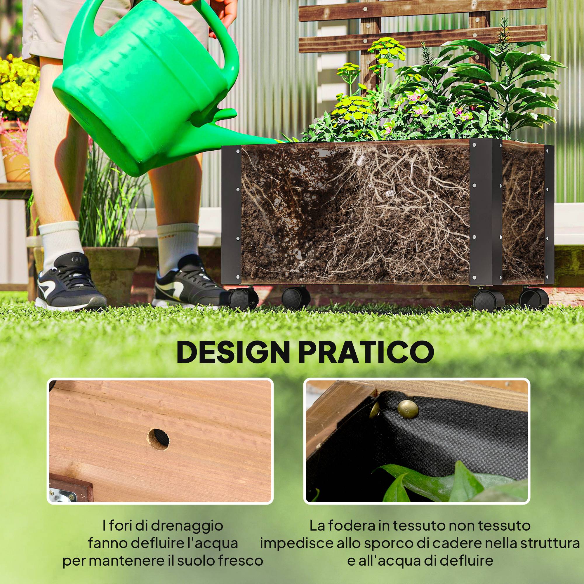 Jardinière bois sapin avec treillis plantes grimpantes sur roulettes 65x31x147cm - ComfortXL Outdoor Living - Image 9