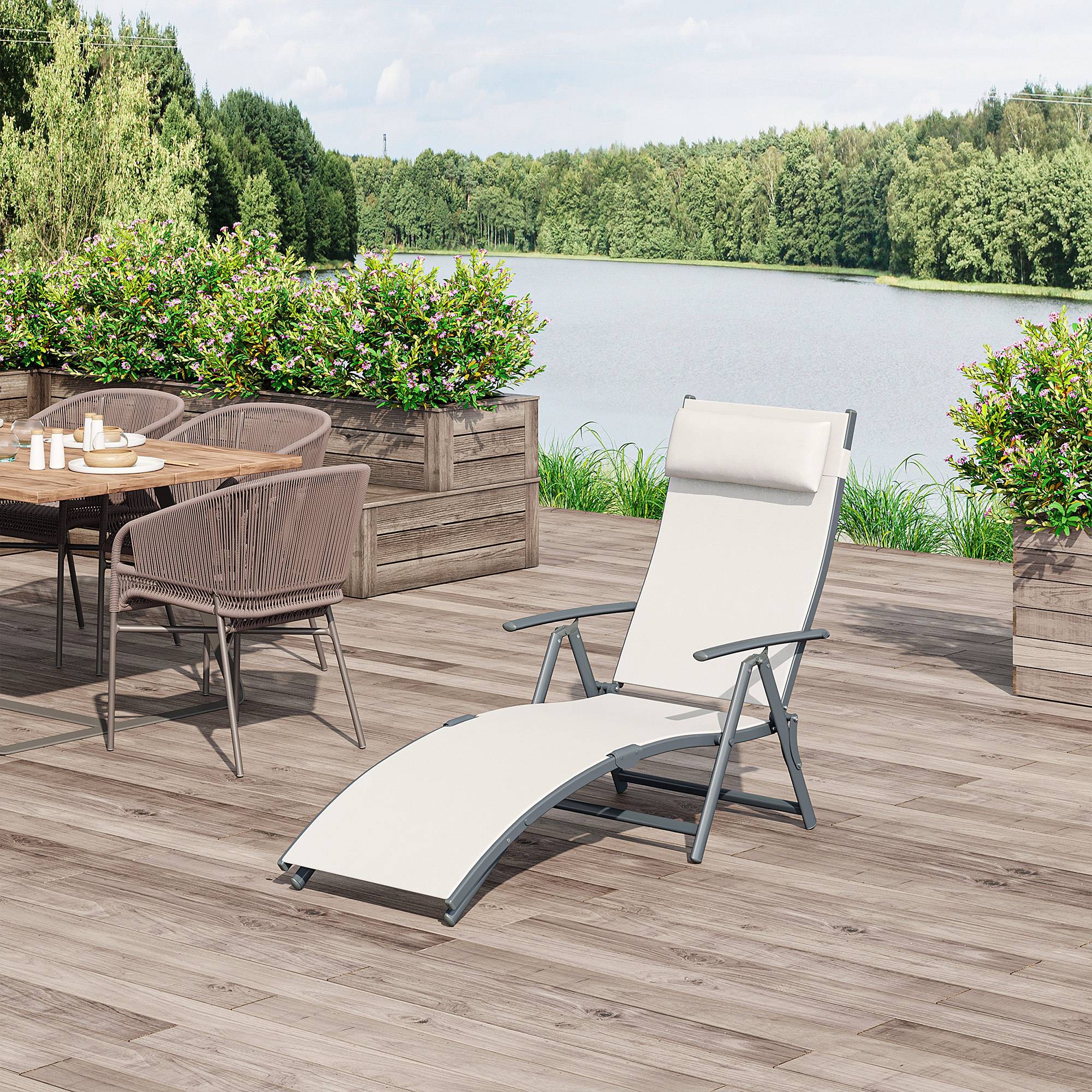 Outsunny - Bain de soleil pliable dossier inclinable multi-positions têtière fournie métal époxy textilène beige - Outsunny - Image 2