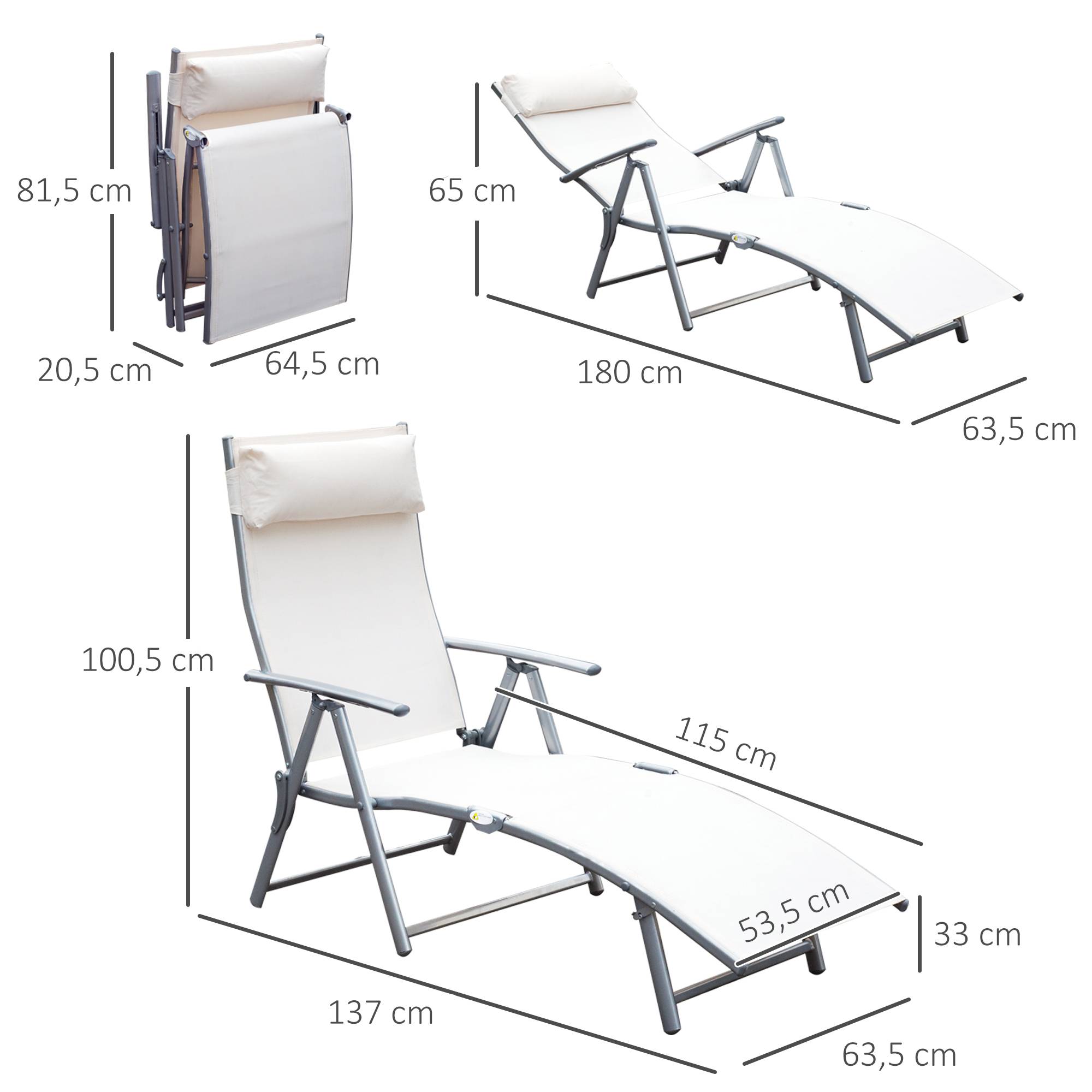 Outsunny - Bain de soleil pliable dossier inclinable multi-positions têtière fournie métal époxy textilène beige - Outsunny - Image 3