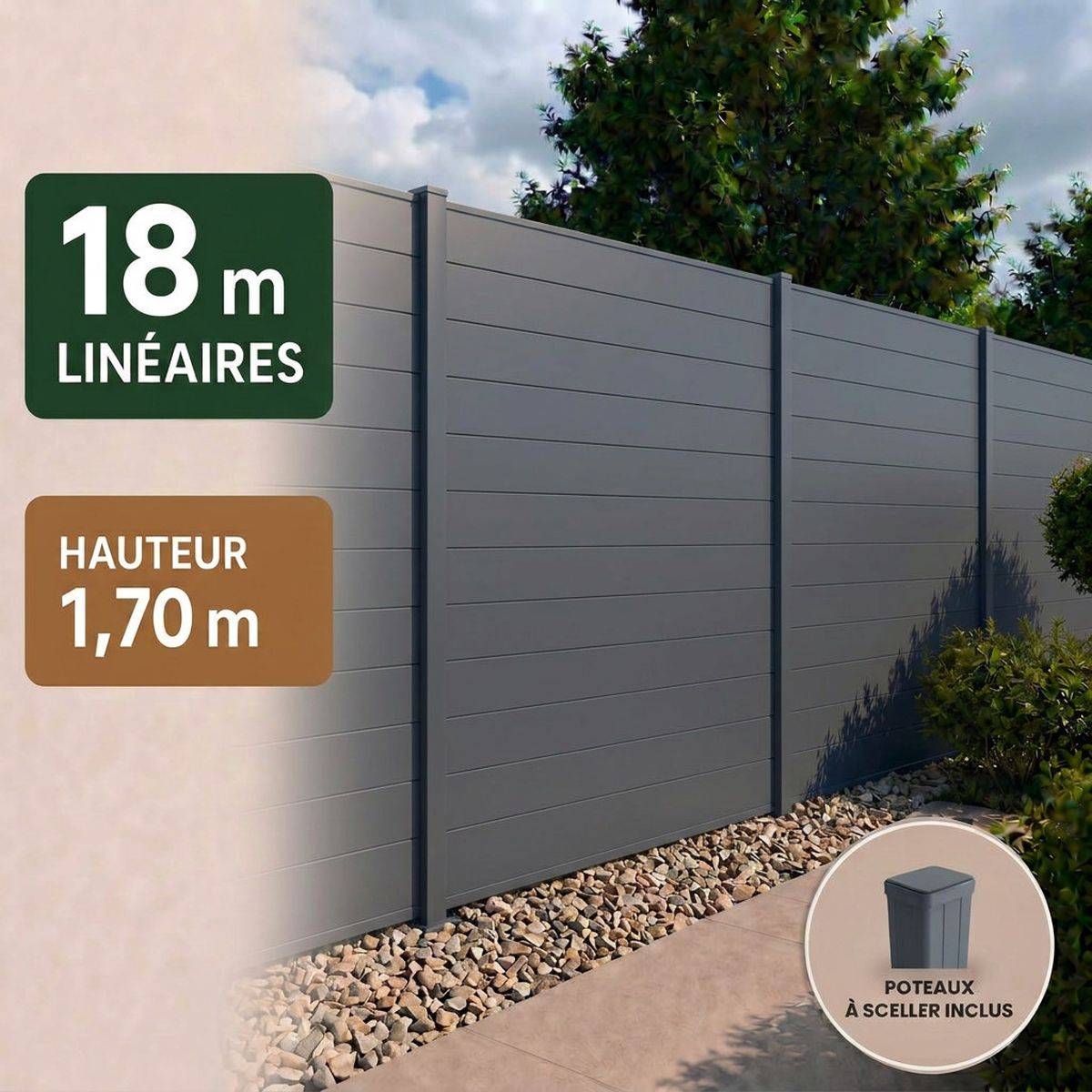 Direct Abris - Kit clôture RECIFE Aluminium anthracite 18,07m poteau 60x70mm gris à sceller 1,7m - Image 1