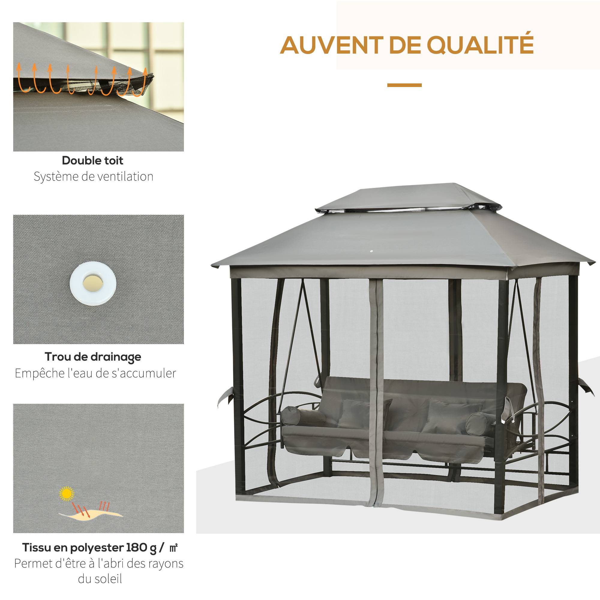 Outsunny - Balancelle de jardin 3 places convertible style colonial grand confort 5 coussins + matelas + moustiquaires inclus gris - Outsunny - Image 6