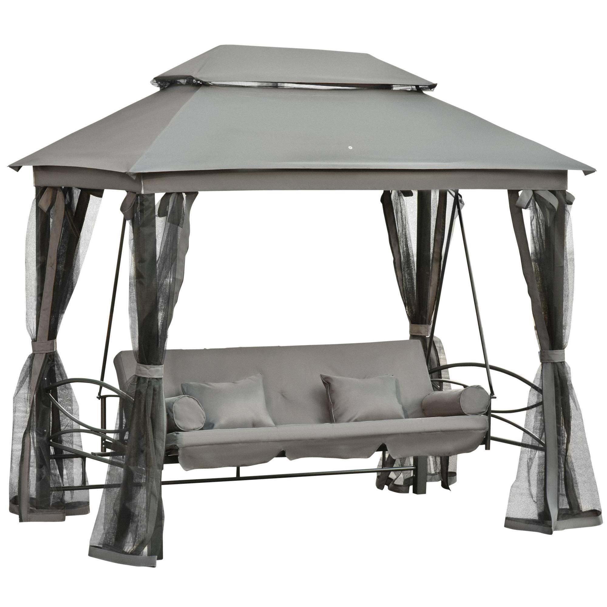 Outsunny - Balancelle de jardin 3 places convertible style colonial grand confort 5 coussins + matelas + moustiquaires inclus gris - Outsunny - Image 1