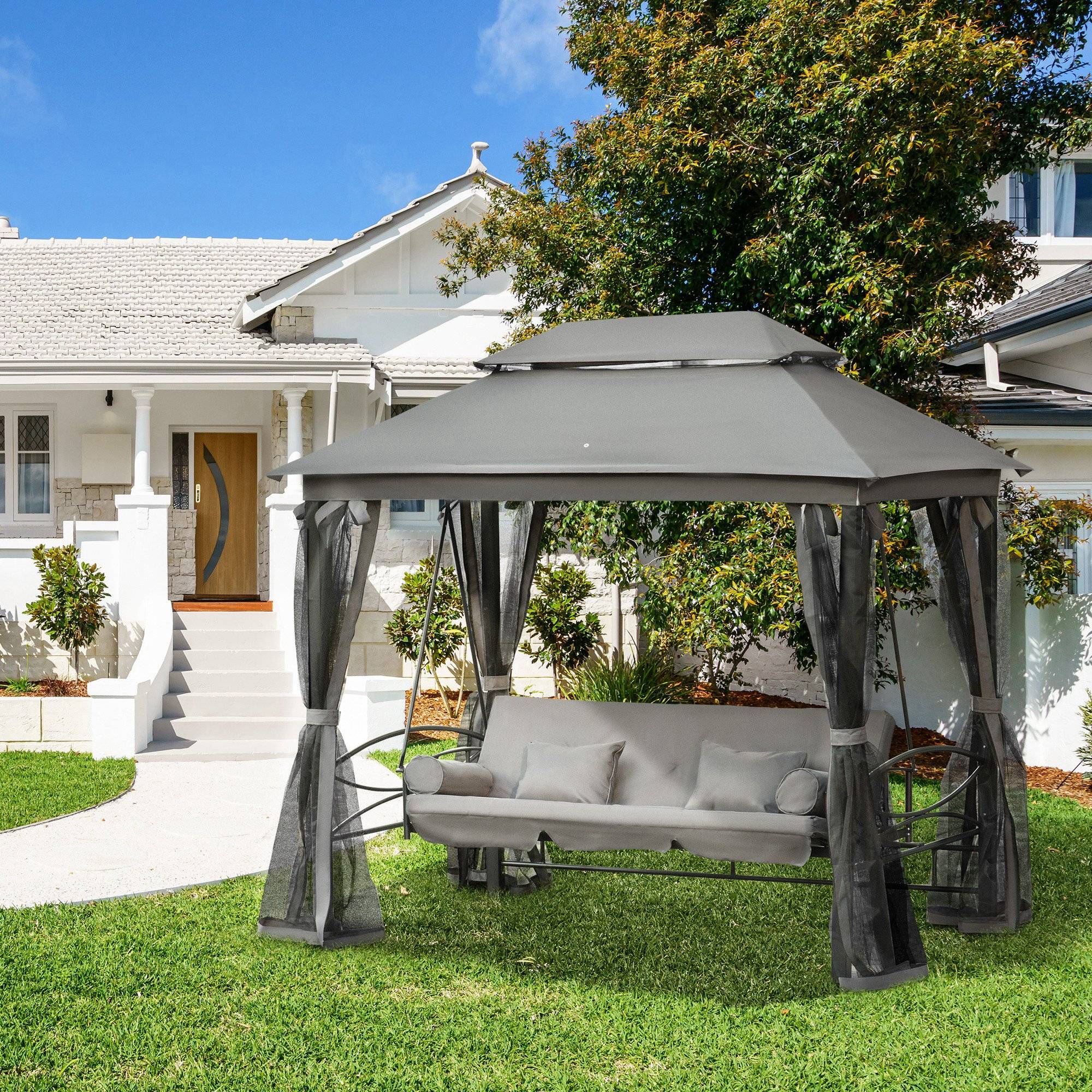 Outsunny - Balancelle de jardin 3 places convertible style colonial grand confort 5 coussins + matelas + moustiquaires inclus gris - Outsunny - Image 2