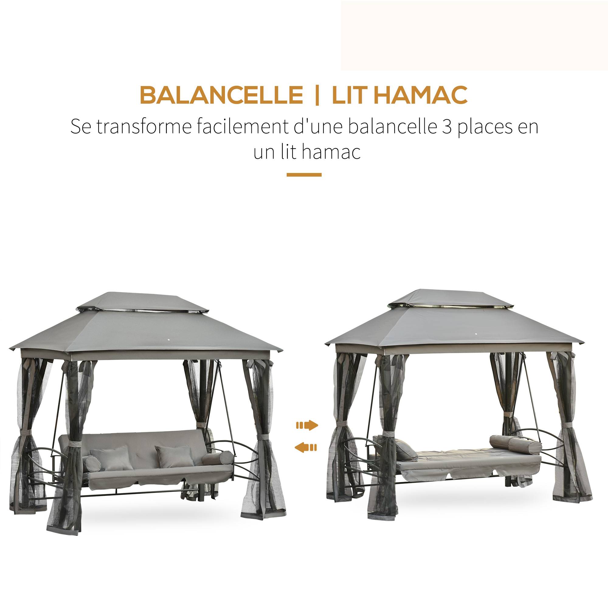 Outsunny - Balancelle de jardin 3 places convertible style colonial grand confort 5 coussins + matelas + moustiquaires inclus gris - Outsunny - Image 4