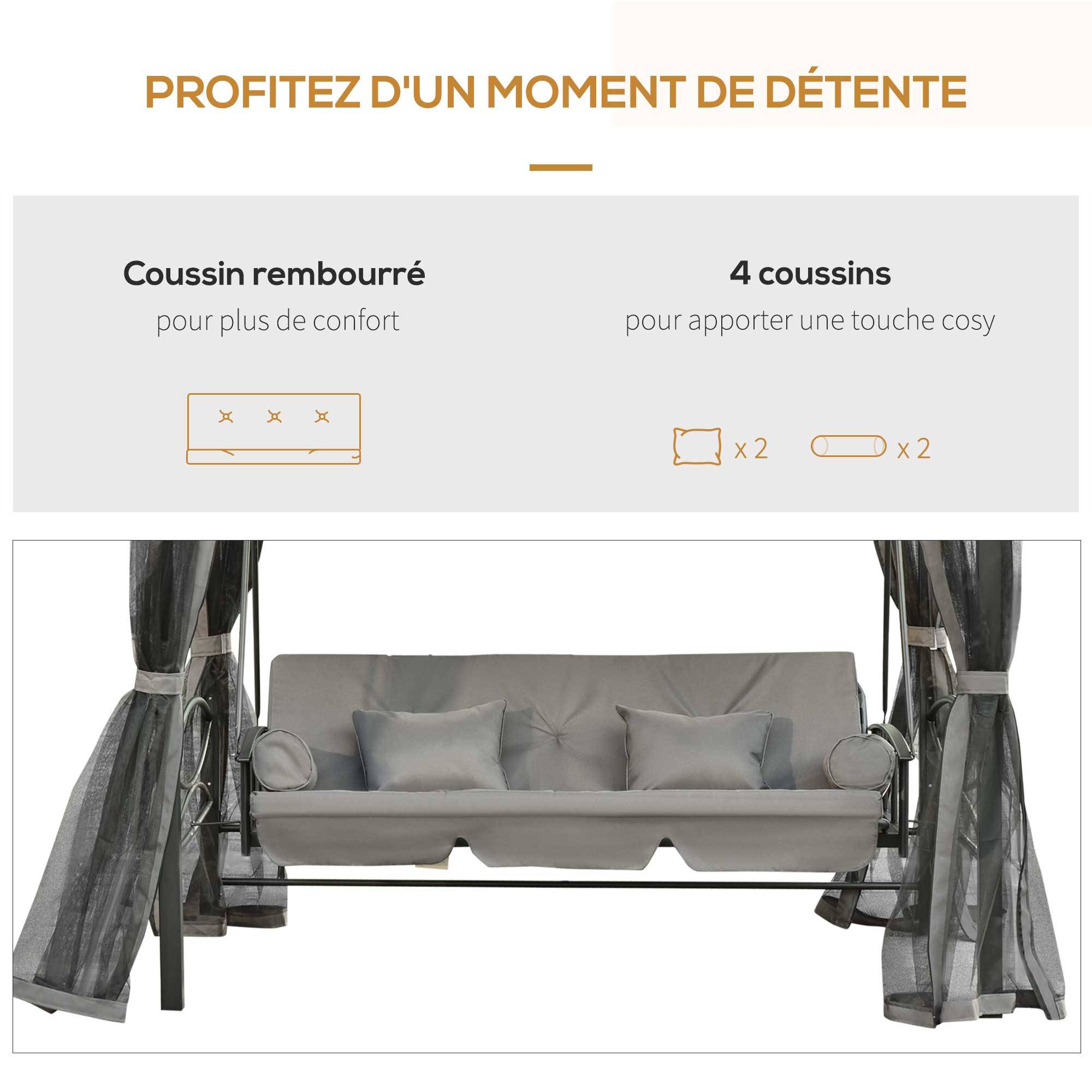 Outsunny - Balancelle de jardin 3 places convertible style colonial grand confort 5 coussins + matelas + moustiquaires inclus gris - Outsunny - Image 5