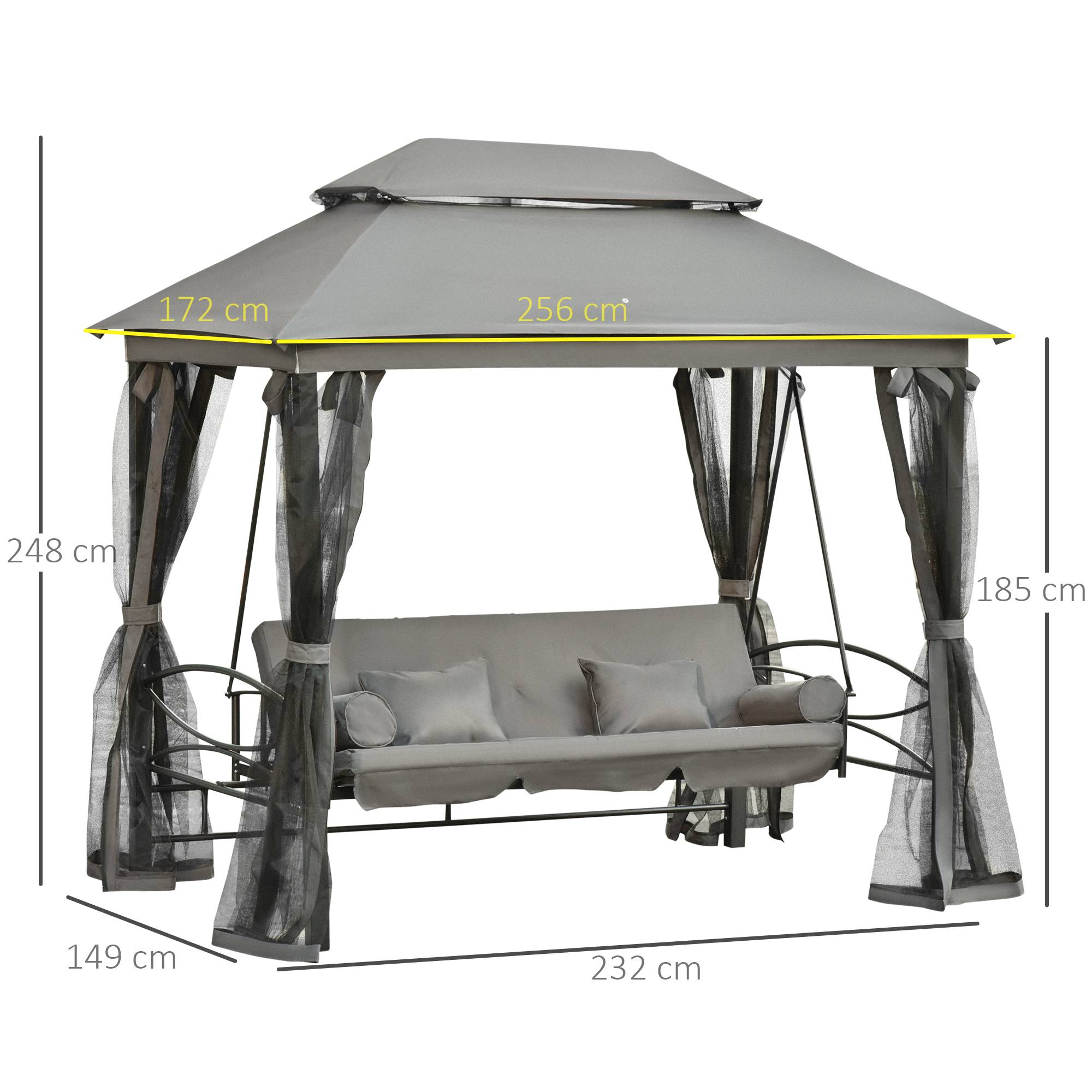 Outsunny - Balancelle de jardin 3 places convertible style colonial grand confort 5 coussins + matelas + moustiquaires inclus gris - Outsunny - Image 3