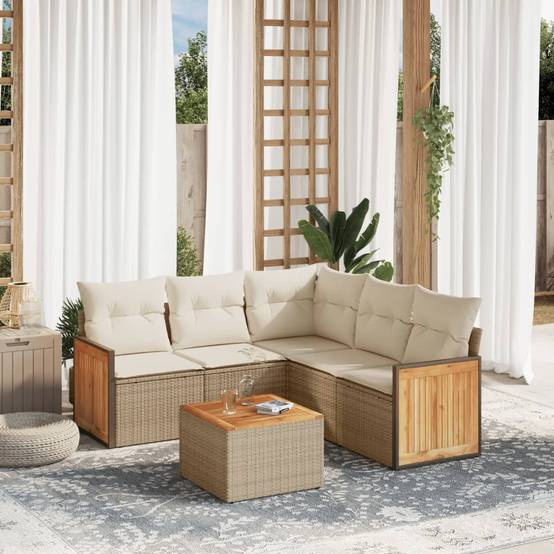 Ensemble de jardin 6 places résine tressée beige modulable avec coffres et table basse acacia – ComfortXL Outdoor Living - Image 1