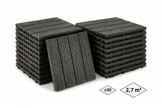 Casanoov Lot de 30 dalles clipsables terrasse en composite JURA effet bois gris 30x30cm - Image 1