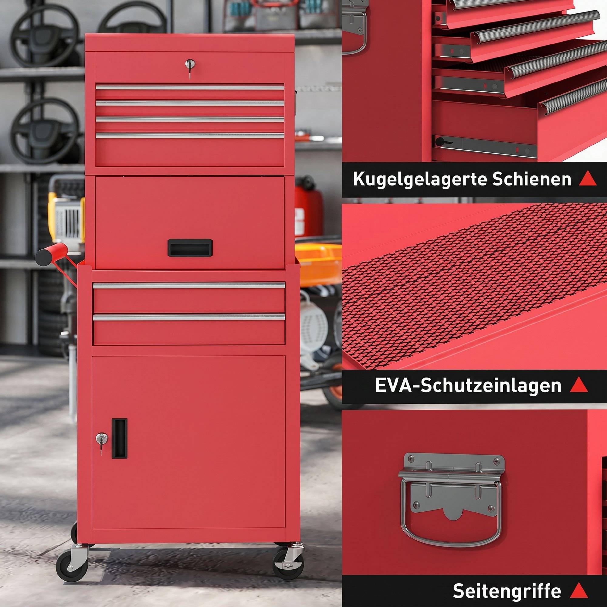 Sans Marque - Armoire roulante, 6 tiroirs, 2 placards, acier, verrouillable, rouge - Image 10