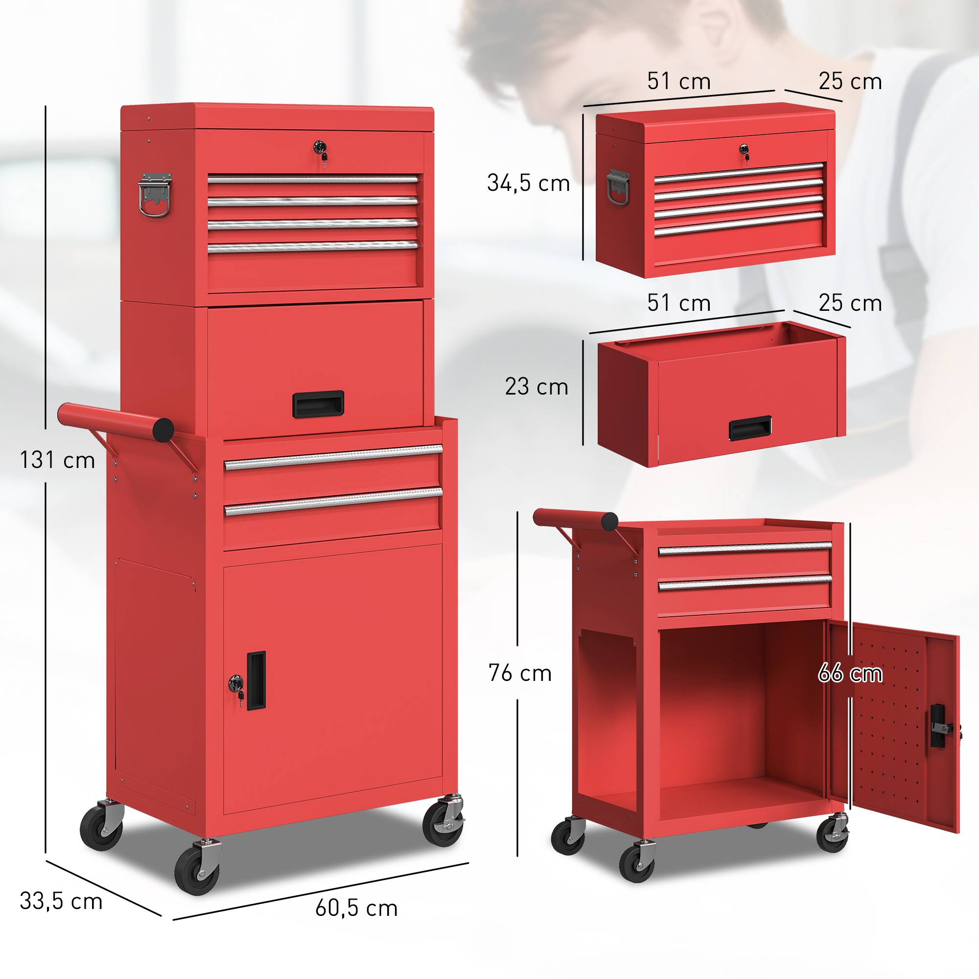 Sans Marque - Armoire roulante, 6 tiroirs, 2 placards, acier, verrouillable, rouge - Image 5