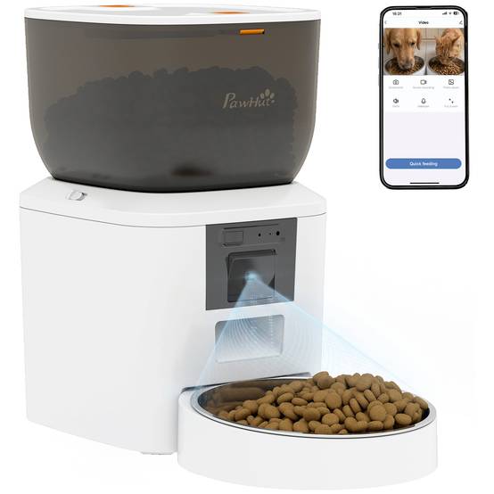 Distributeur automatique nourriture chat chien 4L WiFi 2.4G, pilotage appli avec caméra, bol, blanc - Image 1
