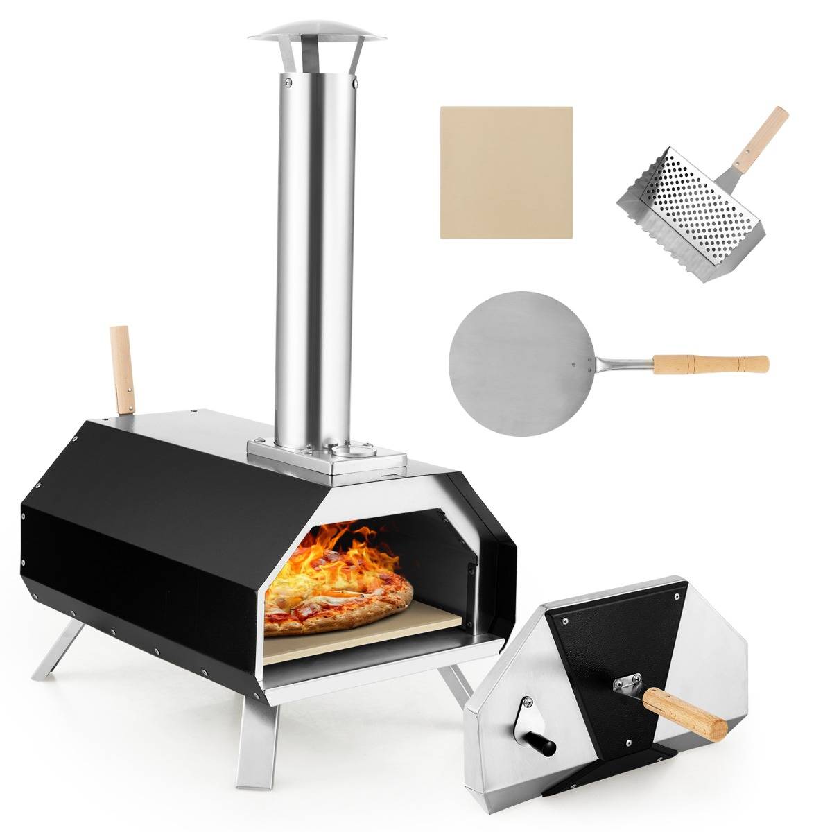 Four à Pizza Extérieur en Acier Inoxydable avec Pierre à Pizza de 30,5cm Four à Bois pour Pizza avec Pelle Pare-feu Pieds Pliables - Image 1