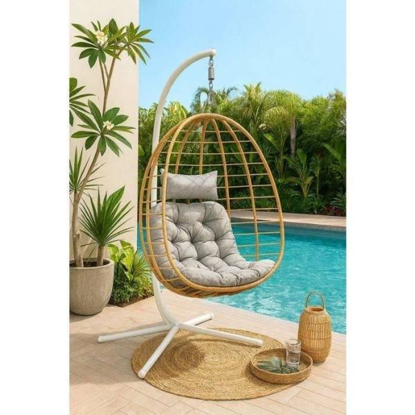 Fauteuil oeuf suspendu - PALAVA - Structure en acier - Tissage en rotin synthétique - D95 x L98 x H200 cm - Image 2