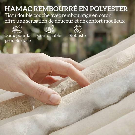 Hamac suspendu double matelassé avec barres bois pour jardin oreiller extra-long 325cm crème - ComfortXL Outdoor Living - Image 6