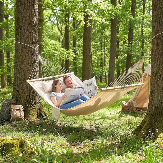 Hamac suspendu double matelassé avec barres bois pour jardin oreiller extra-long 325cm crème - ComfortXL Outdoor Living - Image 4