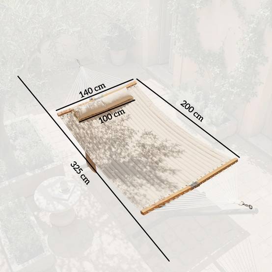 Hamac suspendu double matelassé avec barres bois pour jardin oreiller extra-long 325cm crème - ComfortXL Outdoor Living - Image 5