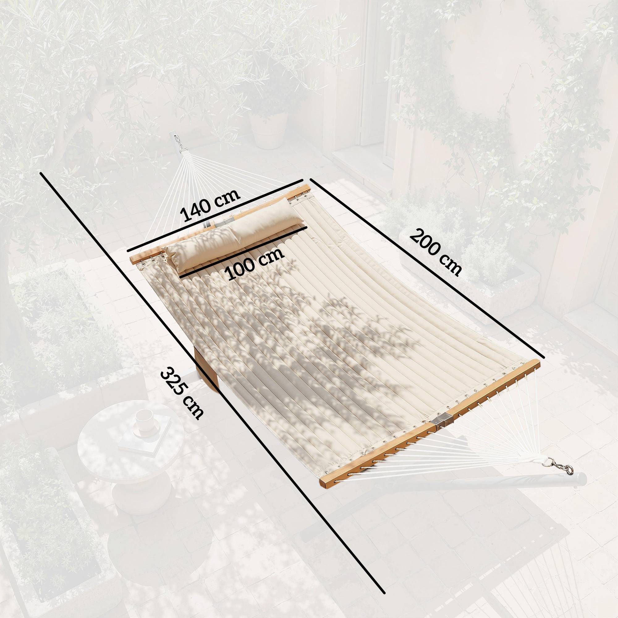 Hamac suspendu double matelassé avec barres bois pour jardin oreiller extra-long 325cm crème - ComfortXL Outdoor Living - Image 5
