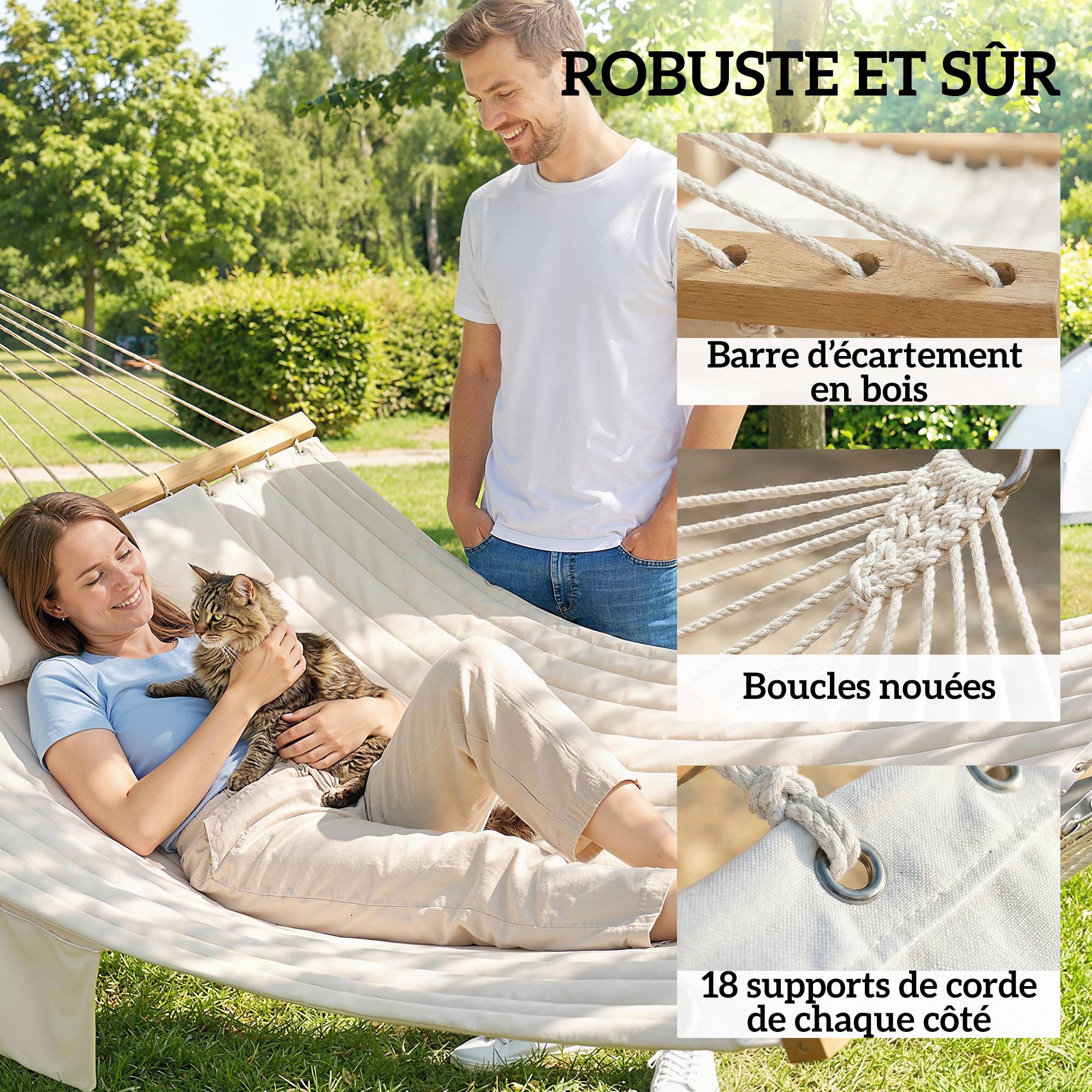 Hamac suspendu double matelassé avec barres bois pour jardin oreiller extra-long 325cm crème - ComfortXL Outdoor Living - Image 8