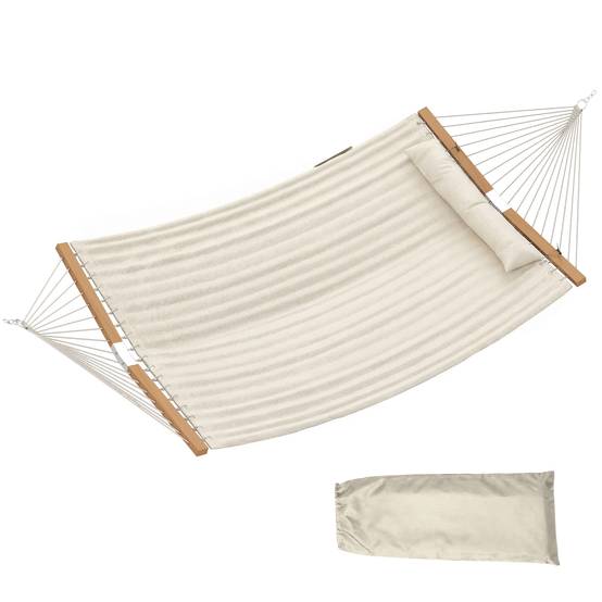 Hamac suspendu double matelassé avec barres bois pour jardin oreiller extra-long 325cm crème - ComfortXL Outdoor Living - Image 2