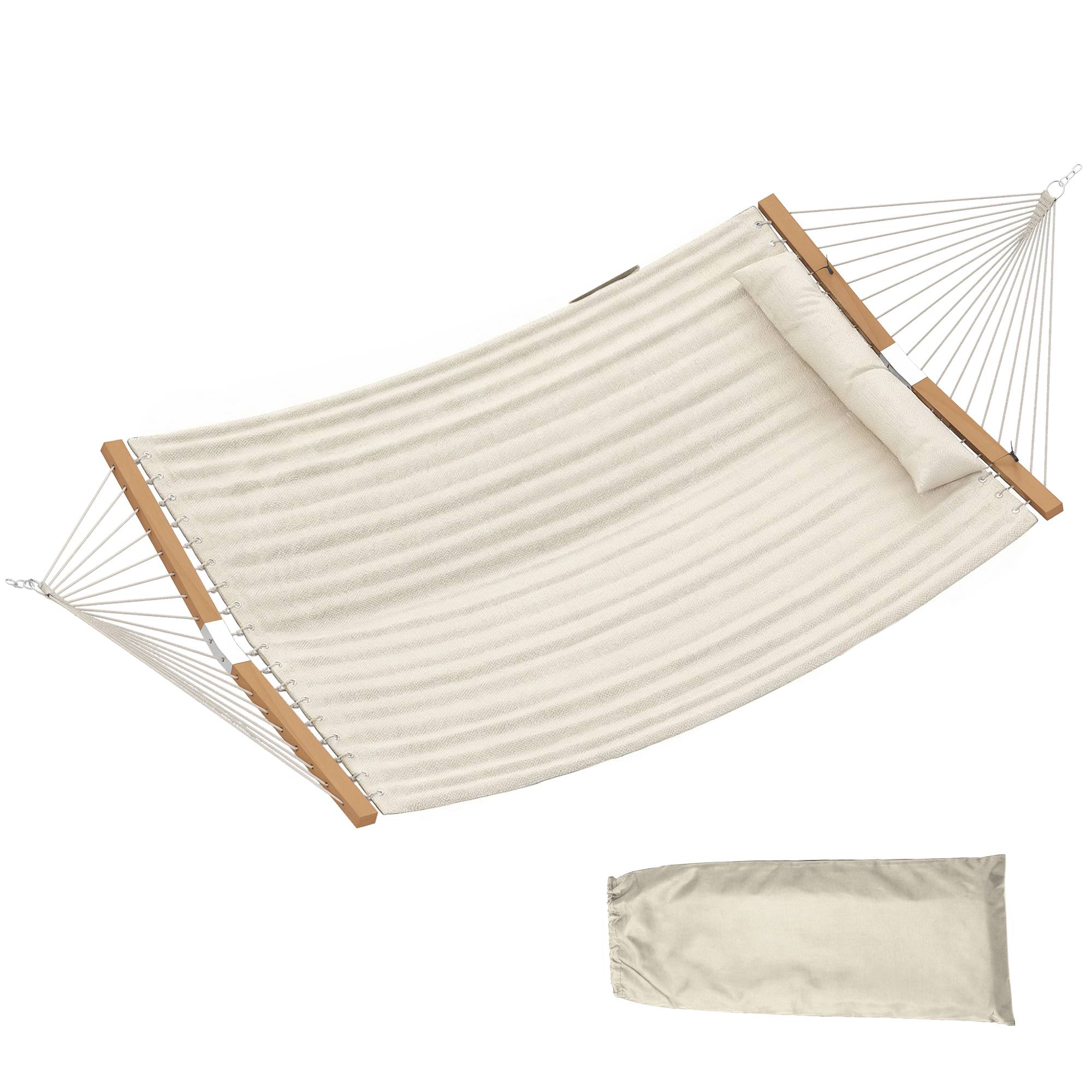 Hamac suspendu double matelassé avec barres bois pour jardin oreiller extra-long 325cm crème - ComfortXL Outdoor Living - Image 2