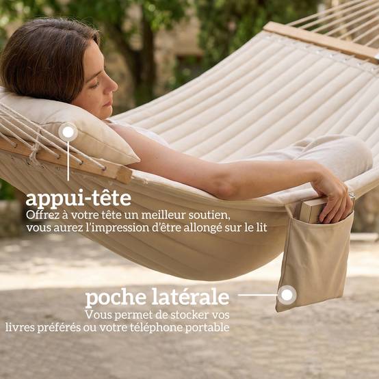 Hamac suspendu double matelassé avec barres bois pour jardin oreiller extra-long 325cm crème - ComfortXL Outdoor Living - Image 9