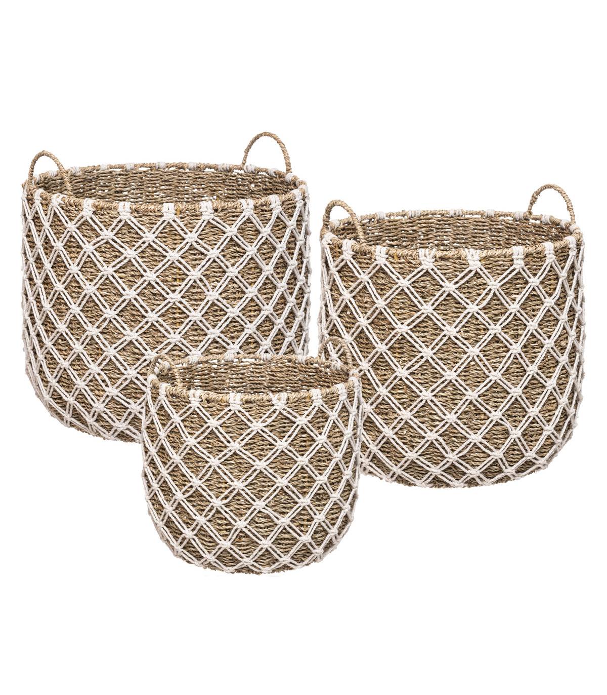 Set de 3 Paniers de rangement en Macramé et Roseau naturel - Image 1