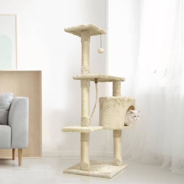 PALOMA Arbre a chat beige 40 x 40 x 114cm - 3 plateformes, 1 corde, 1 niche , poteaux a griffer - Image 2