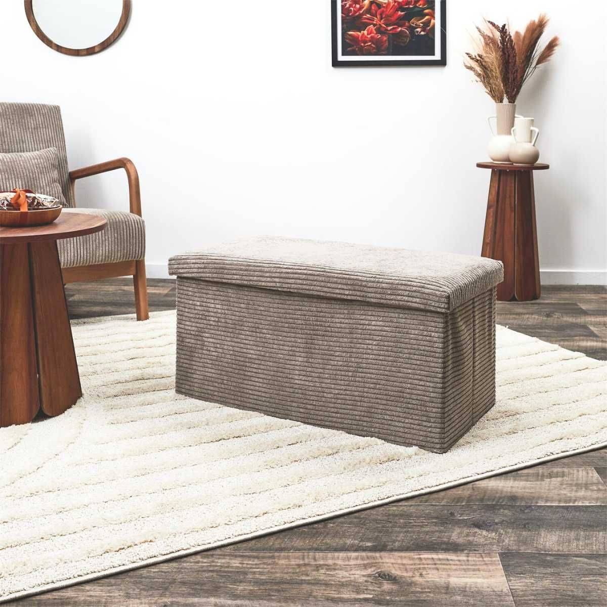 Banc Coffre Pliable Côtelé Taupe 76x38 cm - AMORY - Image 2