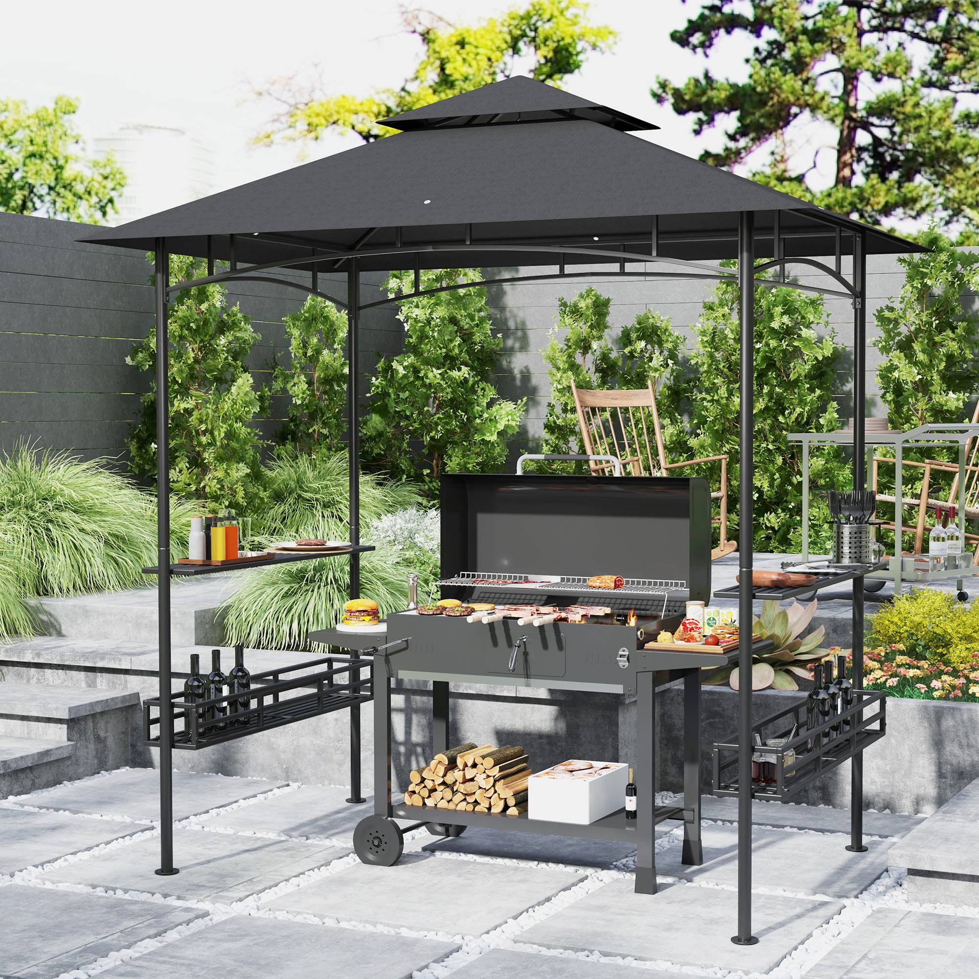 Tonnelle de barbecue auvent de réception pour jardin crochet au plafond étagères paniers 240 x 150 x 257 cm gris foncé - Image 3