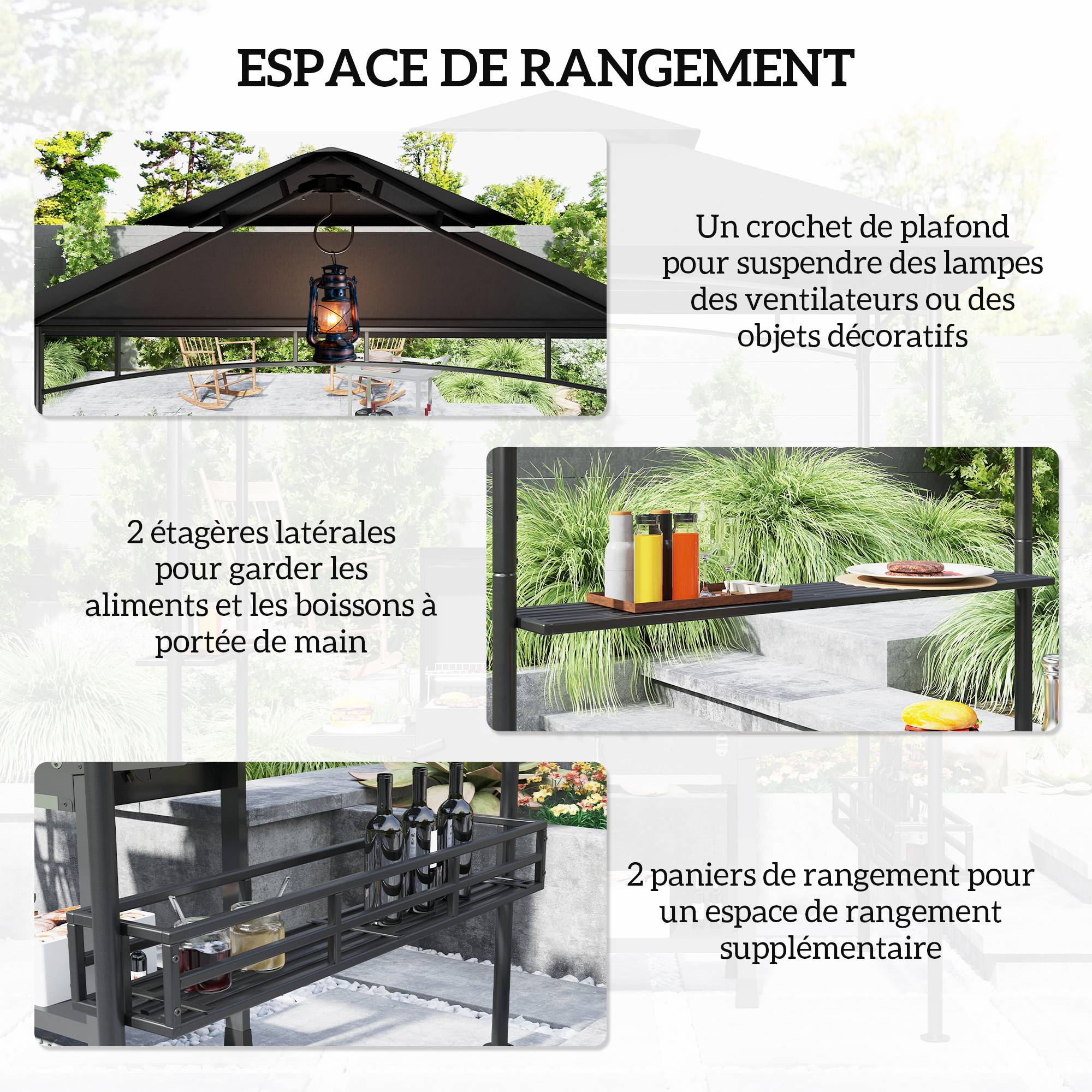 Tonnelle de barbecue auvent de réception pour jardin crochet au plafond étagères paniers 240 x 150 x 257 cm gris foncé - Image 7