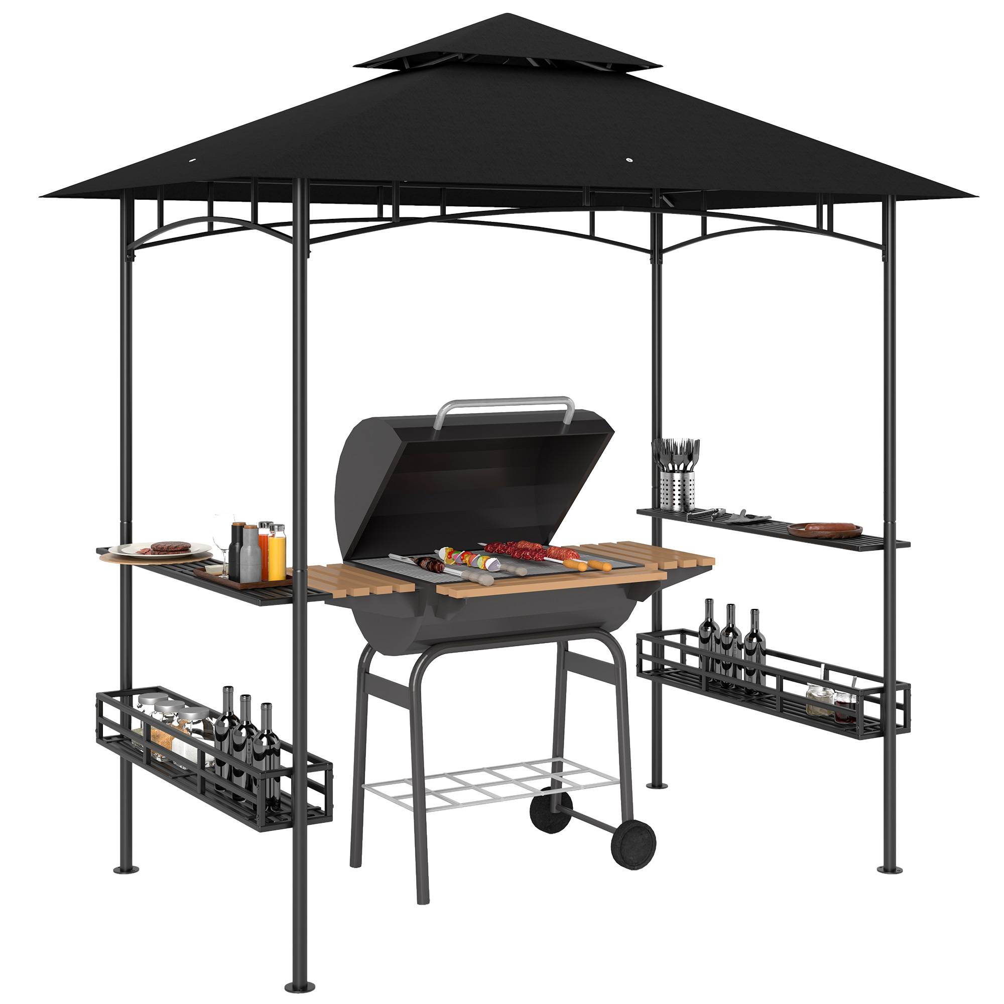 Tonnelle de barbecue auvent de réception pour jardin crochet au plafond étagères paniers 240 x 150 x 257 cm gris foncé - Image 1