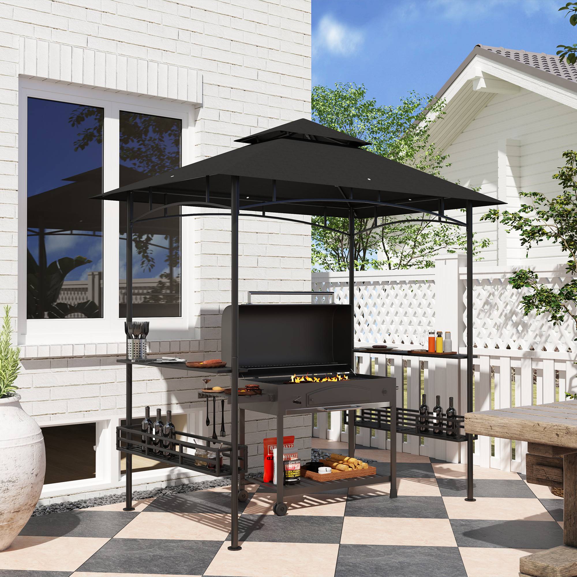 Tonnelle de barbecue auvent de réception pour jardin crochet au plafond étagères paniers 240 x 150 x 257 cm gris foncé - Image 4