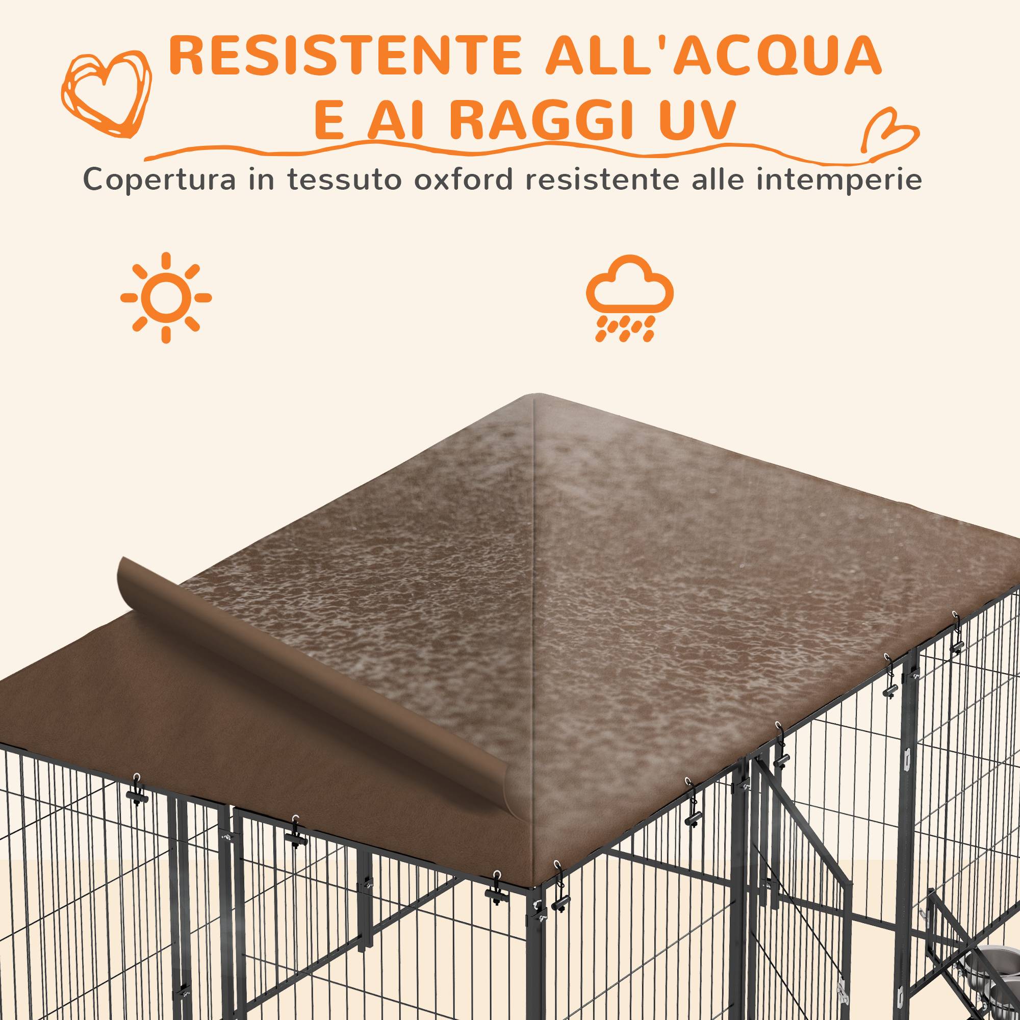 Parc pour chien en métal et tissu Oxford avec porte pour gamelle, 211 x 141 x 151 cm, noir et marron - Image 7