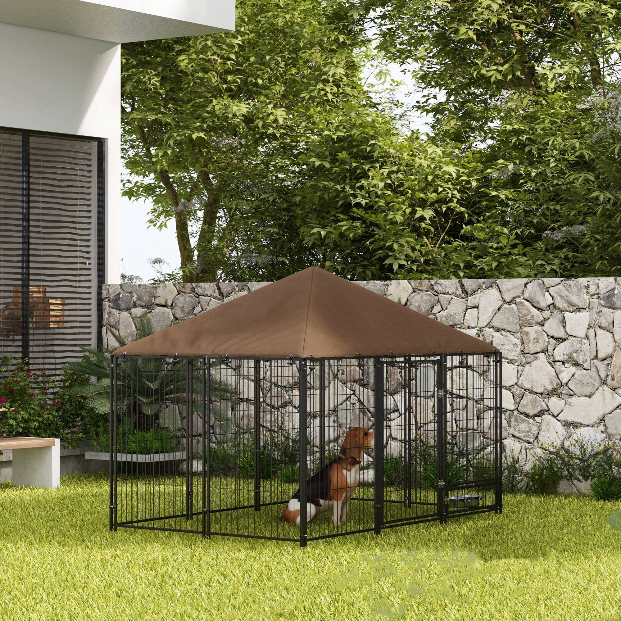 Parc pour chien en métal et tissu Oxford avec porte pour gamelle, 211 x 141 x 151 cm, noir et marron - Image 4