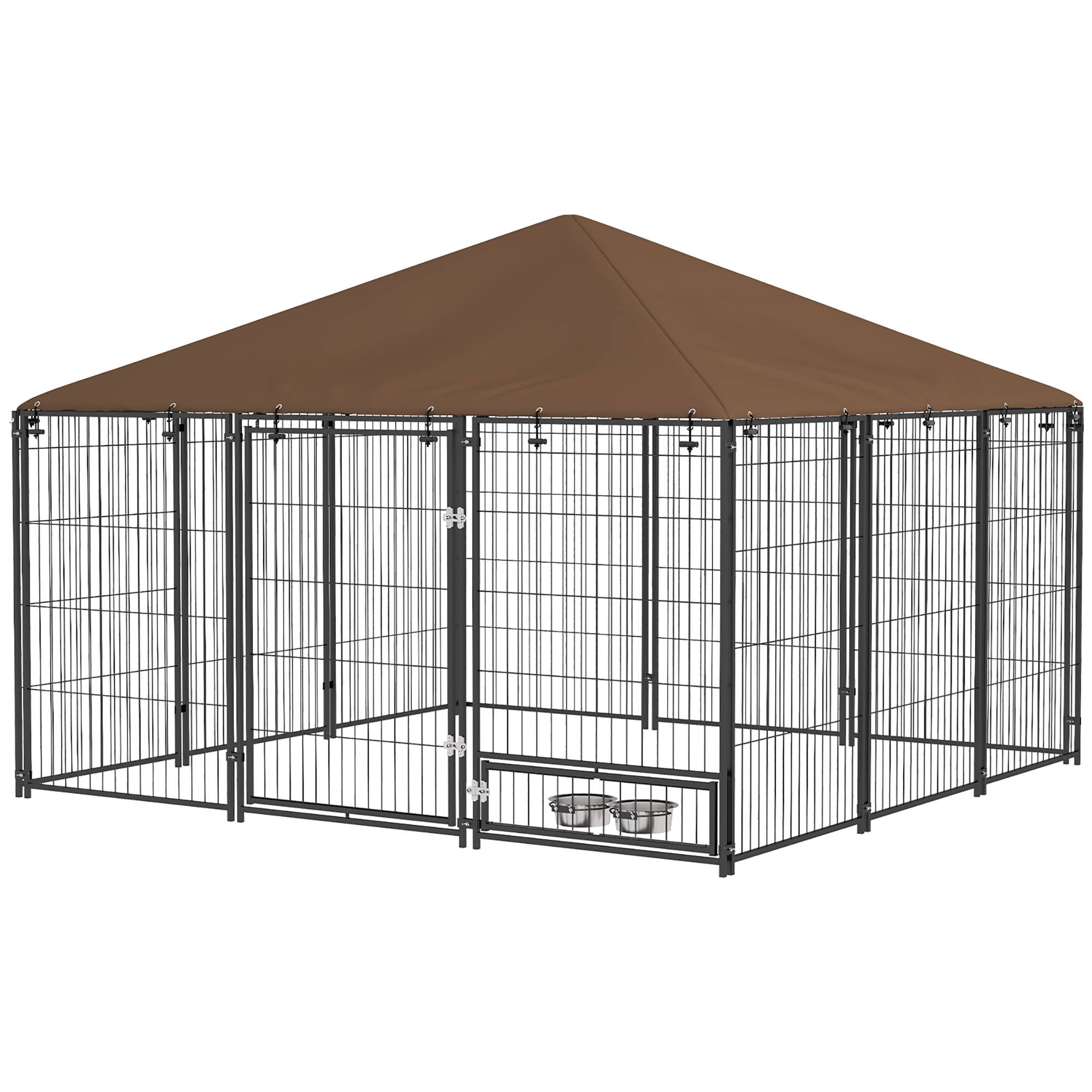 Parc pour chien en métal et tissu Oxford avec porte pour gamelle, 211 x 141 x 151 cm, noir et marron - Image 2