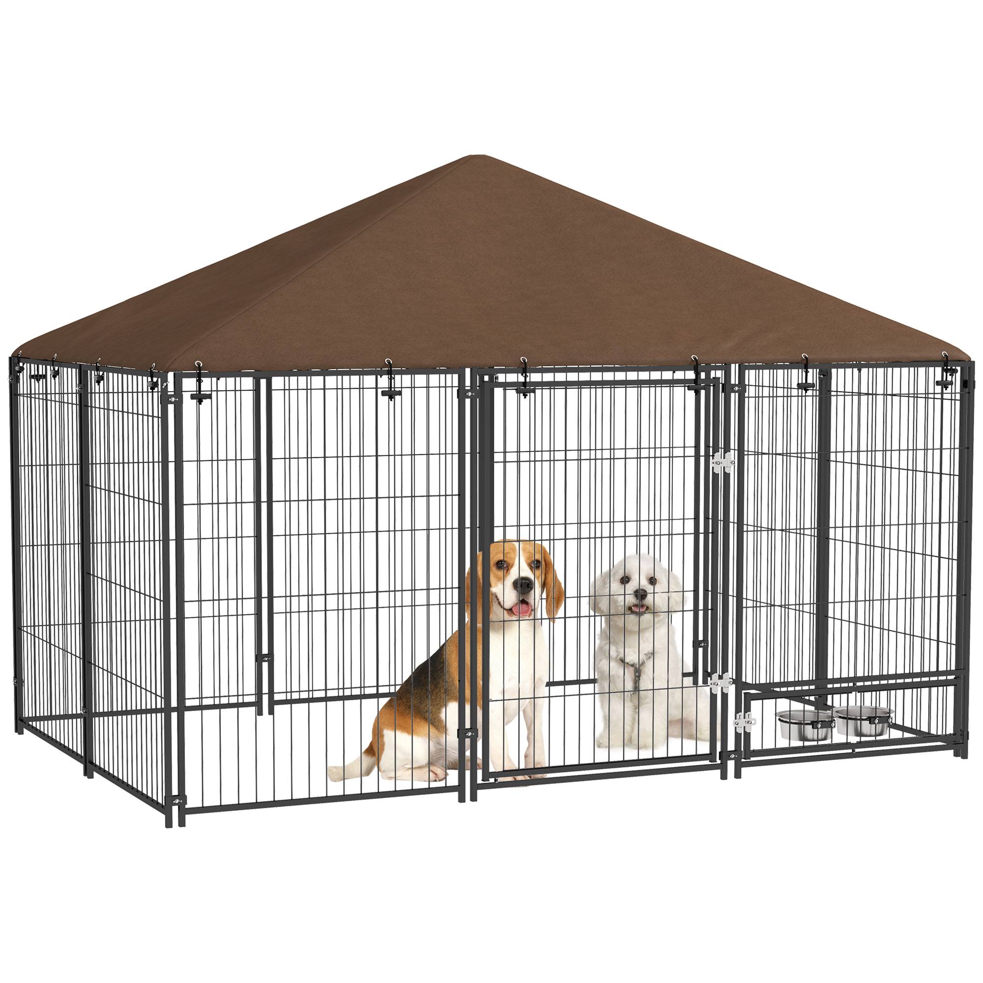 Parc pour chien en métal et tissu Oxford avec porte pour gamelle, 211 x 141 x 151 cm, noir et marron