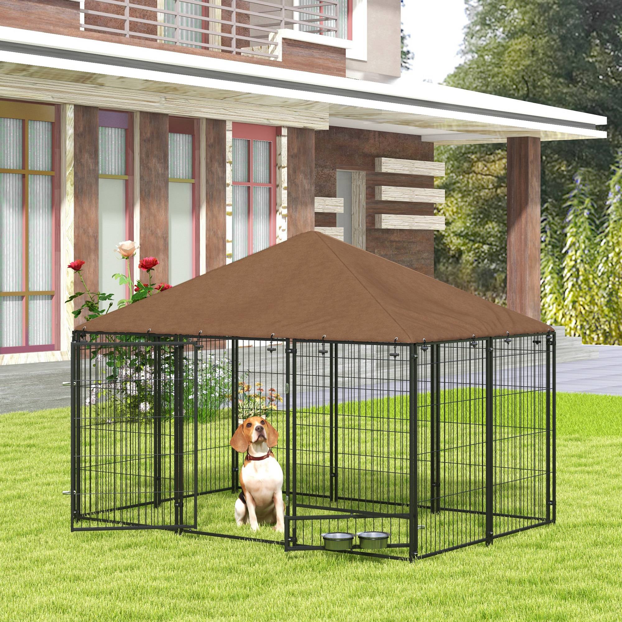Parc pour chien en métal et tissu Oxford avec porte pour gamelle, 211 x 141 x 151 cm, noir et marron - Image 3