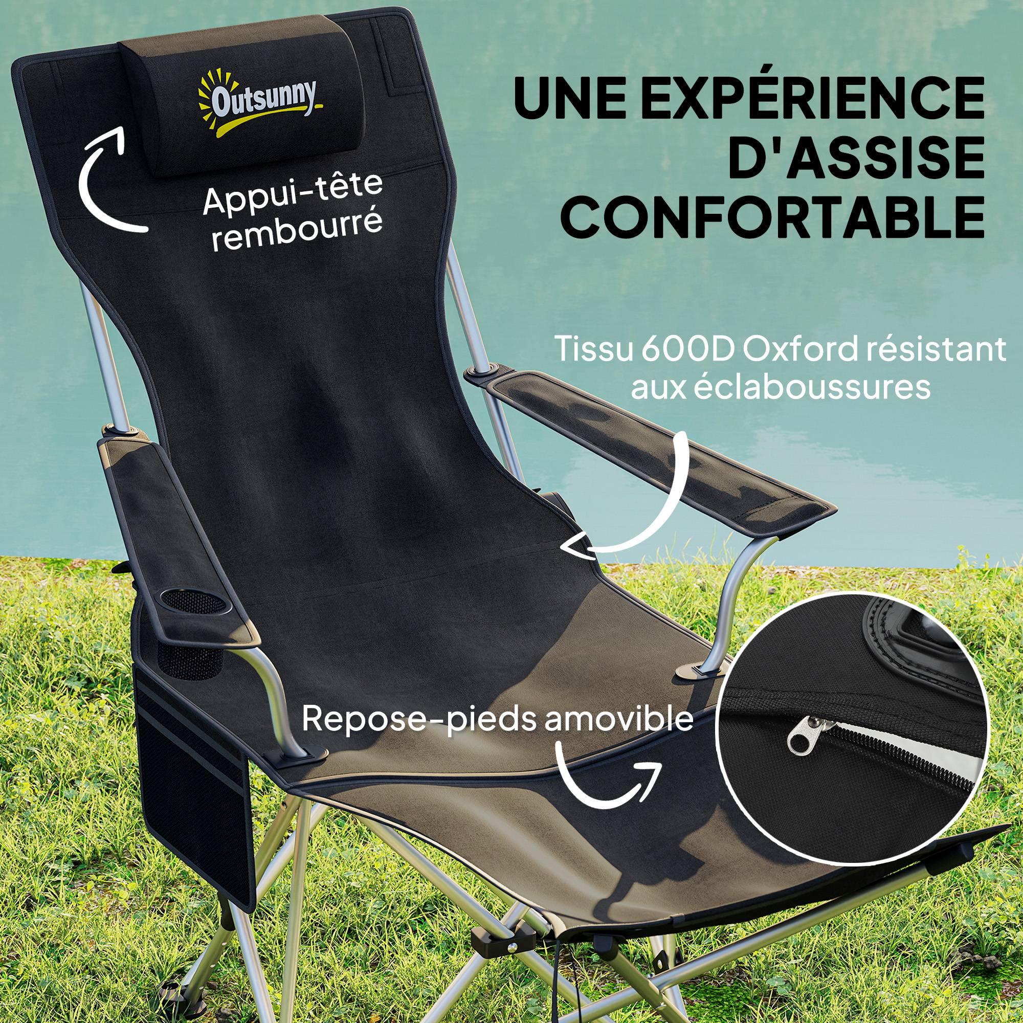 Lot de 2 chaises de camping tissu Oxford noir 150 x 84 x 75 cm - PANGIVO - Image 6