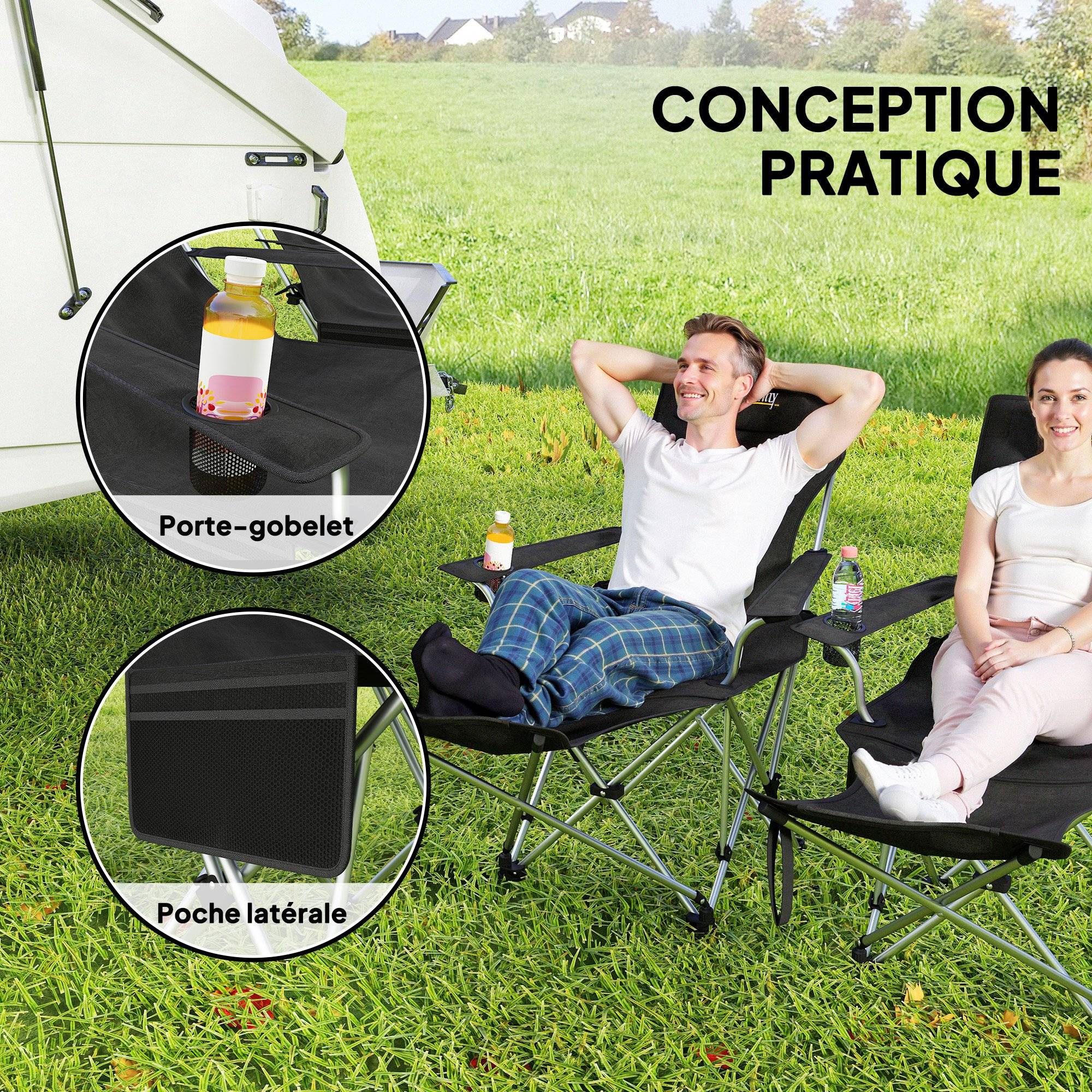 Lot de 2 chaises de camping tissu Oxford noir 150 x 84 x 75 cm - PANGIVO - Image 7
