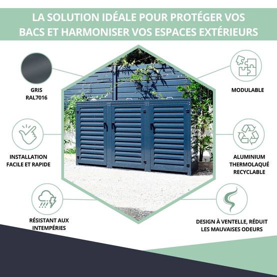 Cache Poubelle Extérieur Triple en Aluminium thermolaqué - Abri pour 3 conteneurs 240 Litres – Gris Anthracite RAL 7016 - Image 2