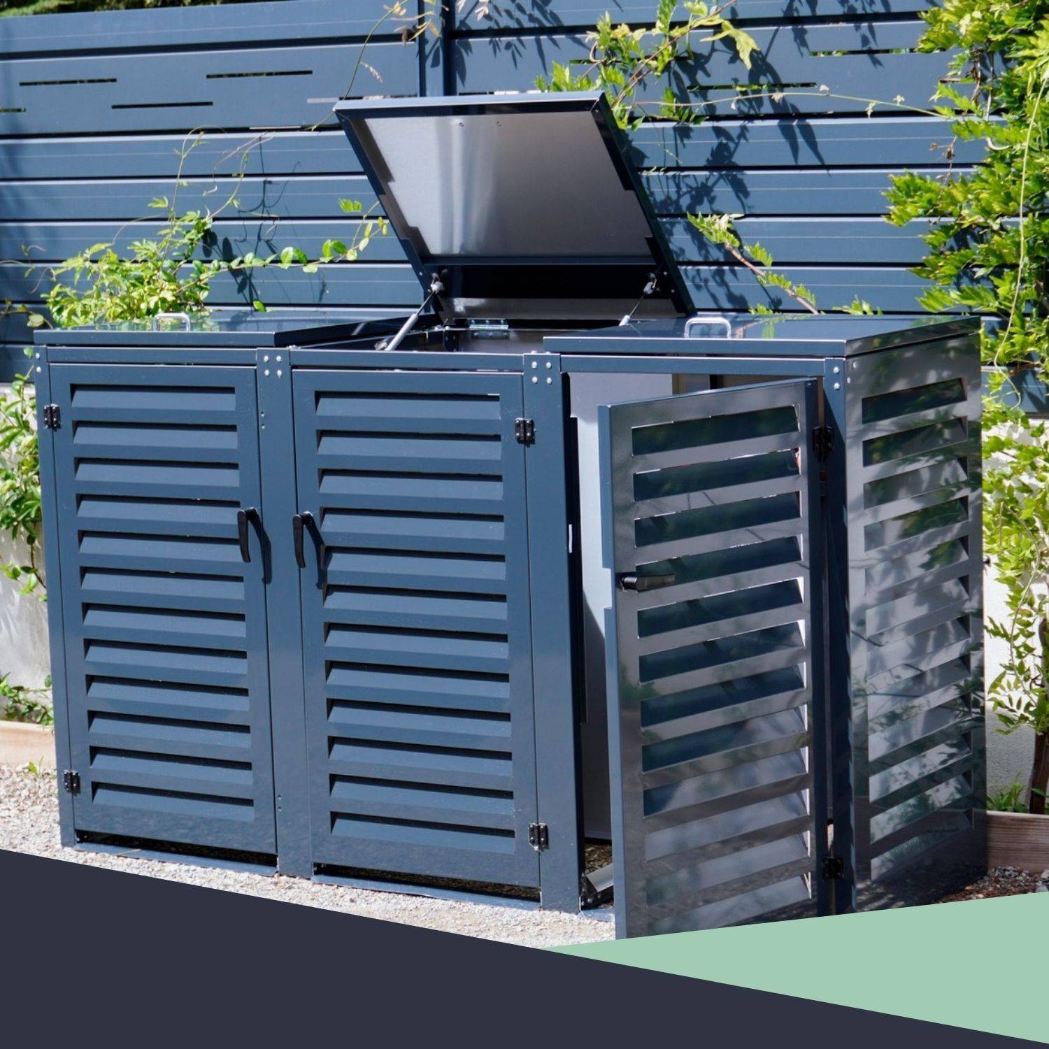 Cache Poubelle Extérieur Triple en Aluminium thermolaqué - Abri pour 3 conteneurs 240 Litres – Gris Anthracite RAL 7016 - Image 6
