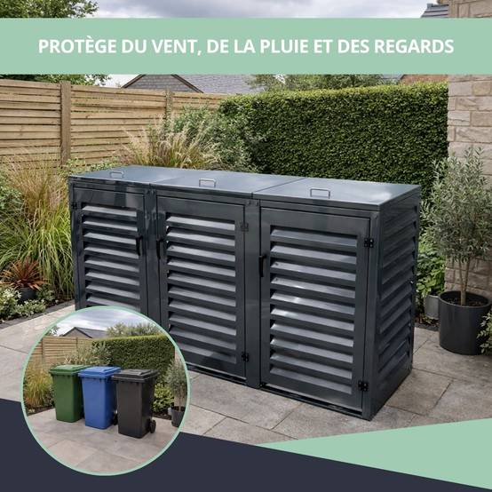 Cache Poubelle Extérieur Triple en Aluminium thermolaqué - Abri pour 3 conteneurs 240 Litres – Gris Anthracite RAL 7016 - Image 4